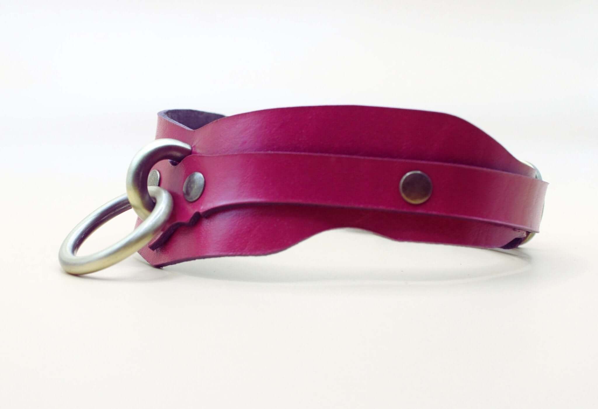 Raspberry leather BDSM collar with O-ring, perfect for submissive jewelry and discreet day collar outfits.