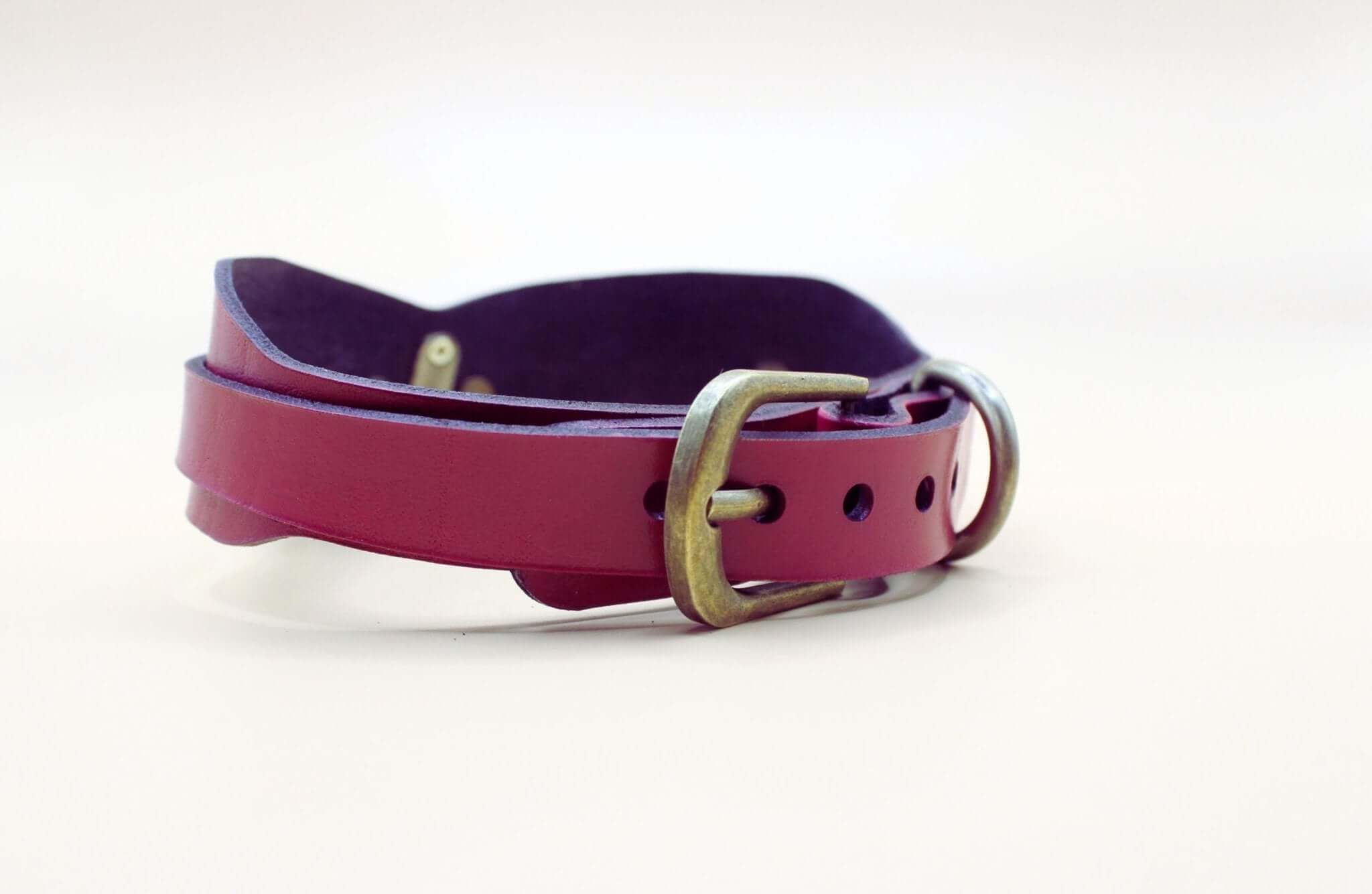 Sleek raspberry leather submissive collar with brass O-ring, perfect for BDSM jewelry and bondage gear.