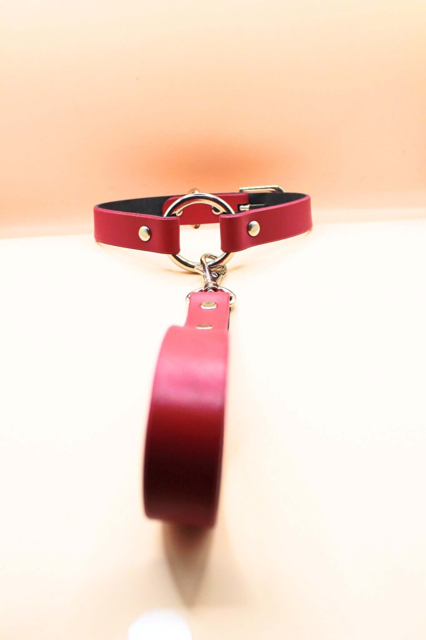 Raspberry leather choker with leash, ideal for BDSM and discreet day wear, perfect submissive collar accessory.