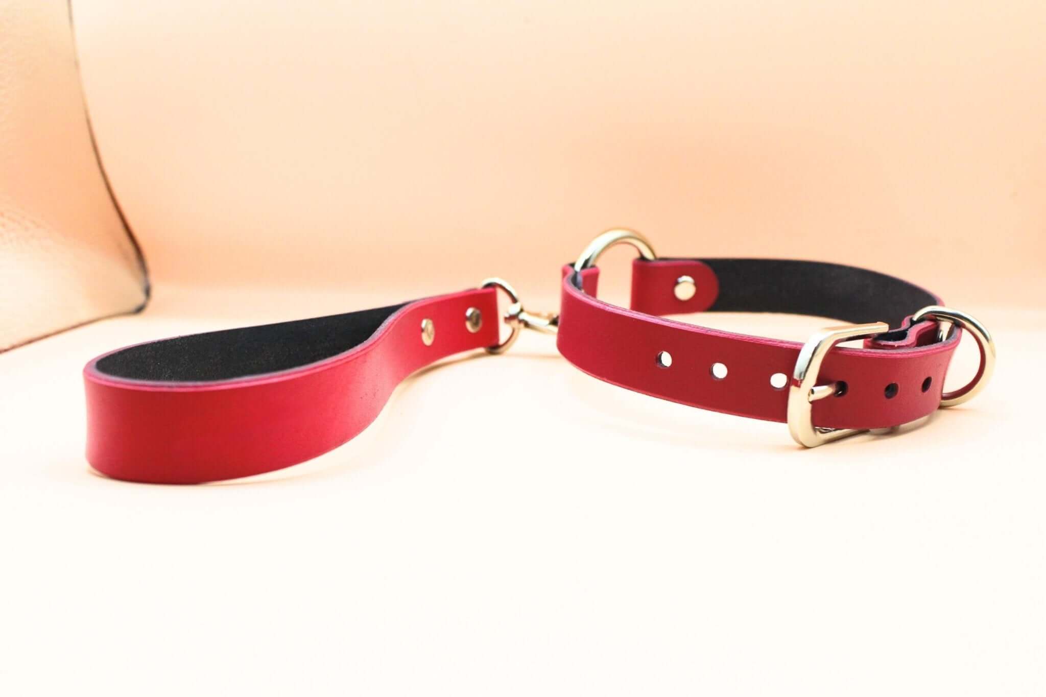 Raspberry leather choker with leash, ideal for BDSM, discreet collar, and submissive jewelry. Perfect for bondage styles.