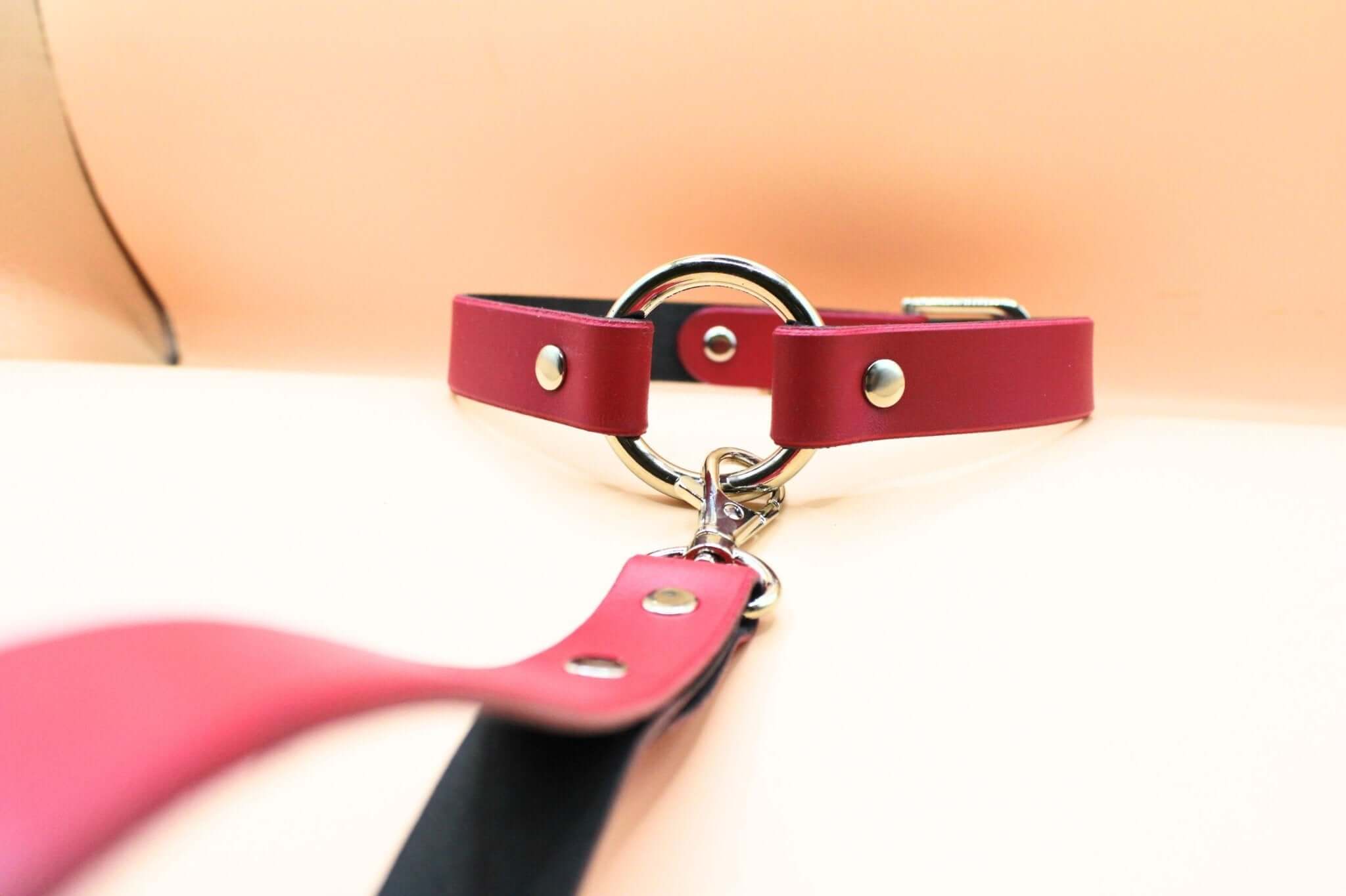 Raspberry leather choker with leash, perfect for submissive jewelry and discreet collar style in bondage gear.