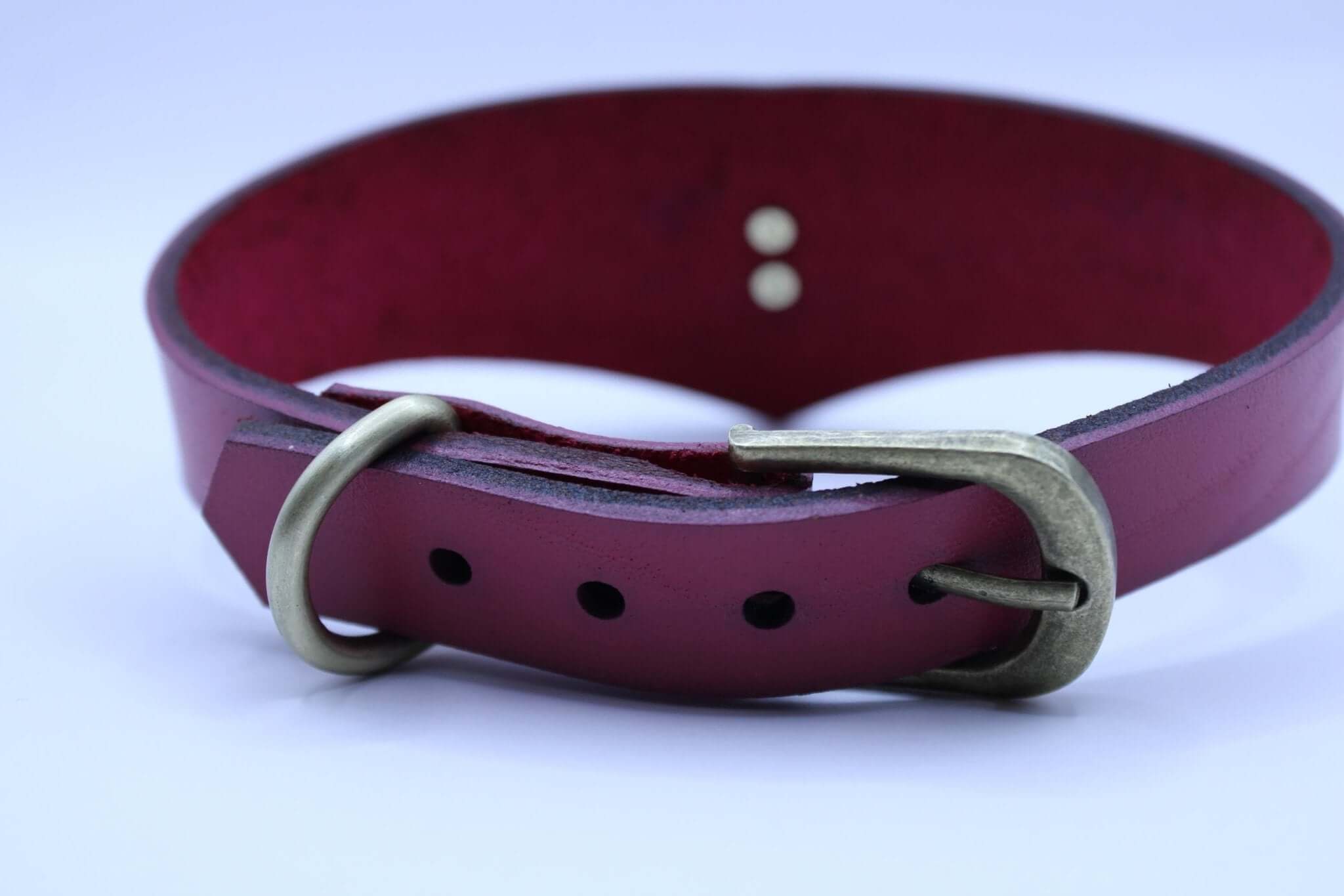 Raspberry leather submissive collar with D-ring, perfect for BDSM play and discreet day wear.