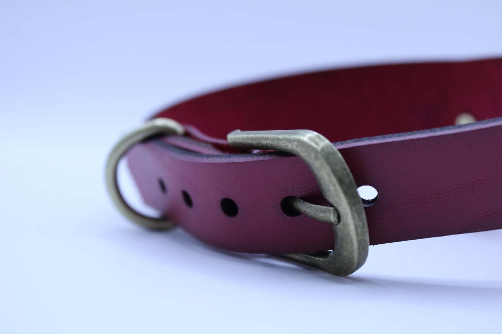 Raspberry leather submissive collar with D-ring, perfect for BDSM play and discreet day wear.