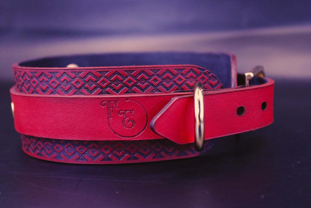 Red BDSM collar with tribal pattern, handcrafted leather, perfect for submissive jewelry and dominance play.