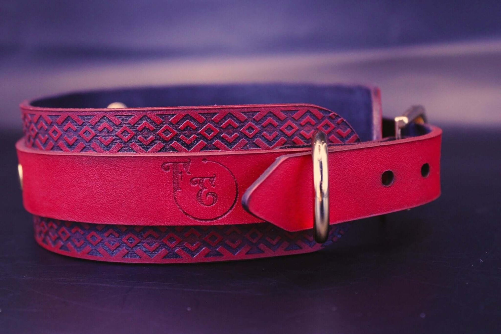 Red BDSM collar with tribal pattern, handcrafted leather, perfect for submissive jewelry and dominance play.