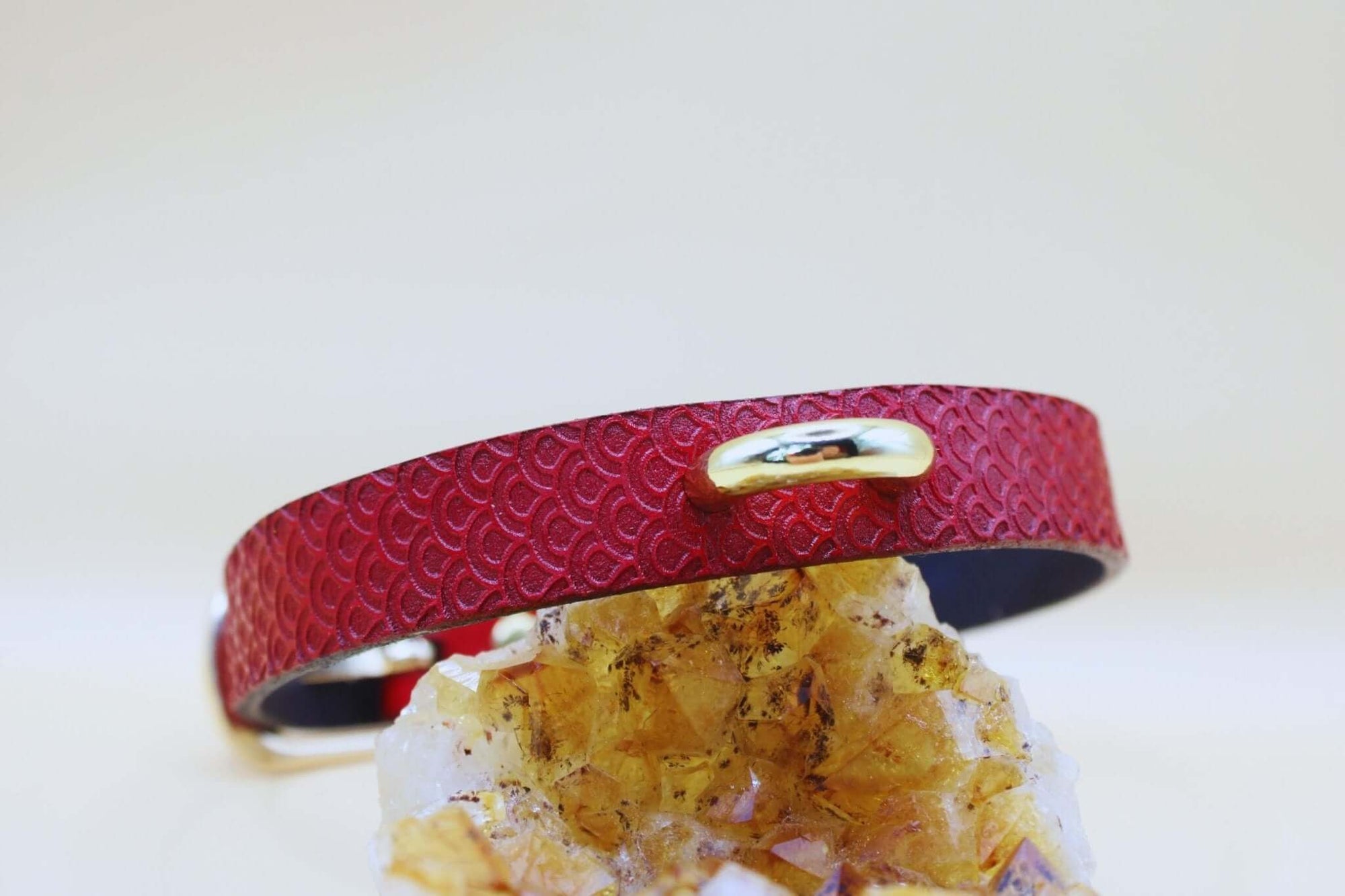 Elegant red leather submissive collar with gold accents, perfect for BDSM and dom/sub relationship expression.