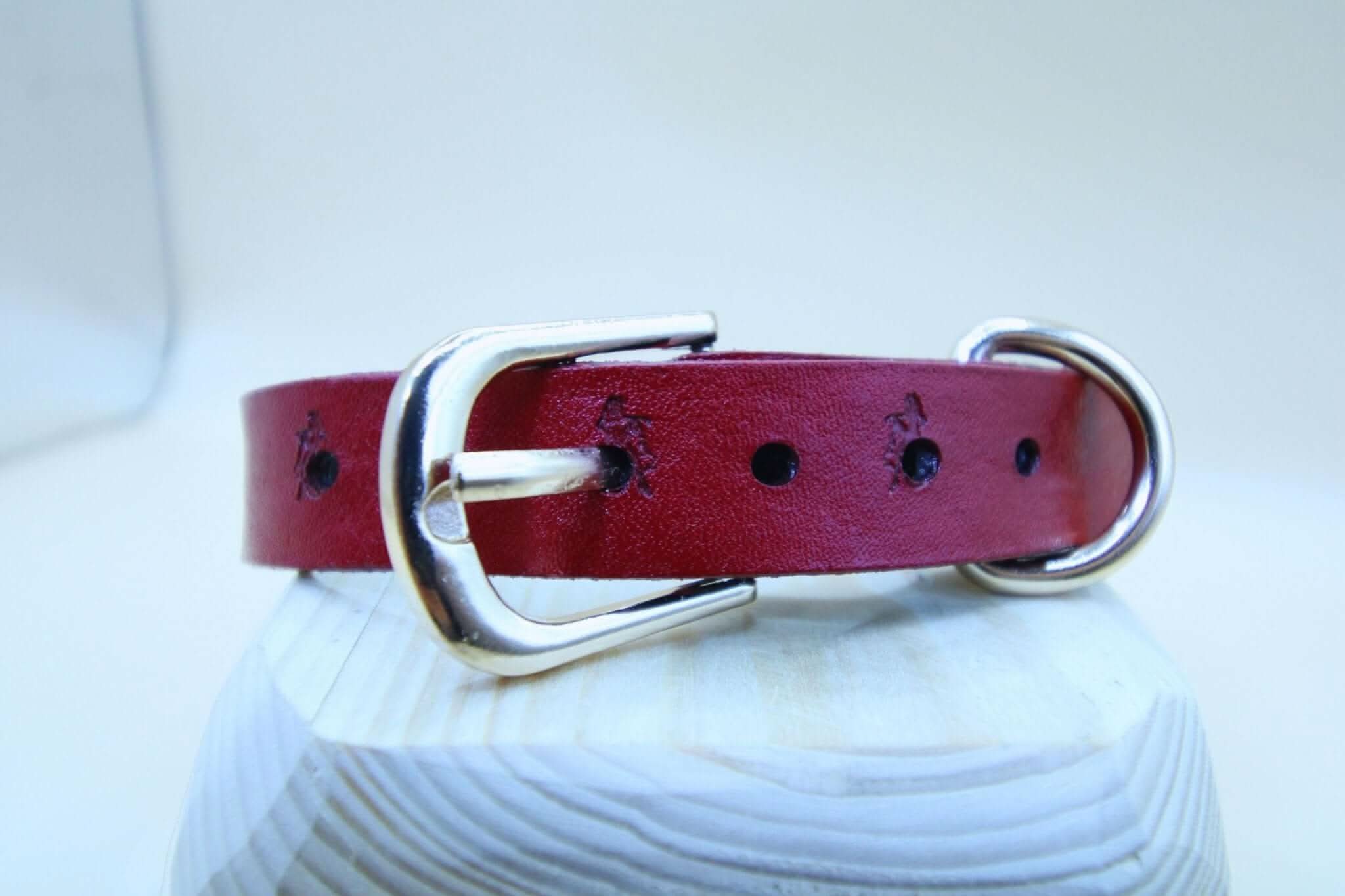 Handcrafted red leather BDSM collar with silver buckle and O-ring, perfect as a submissive day collar and bondage accessory.
