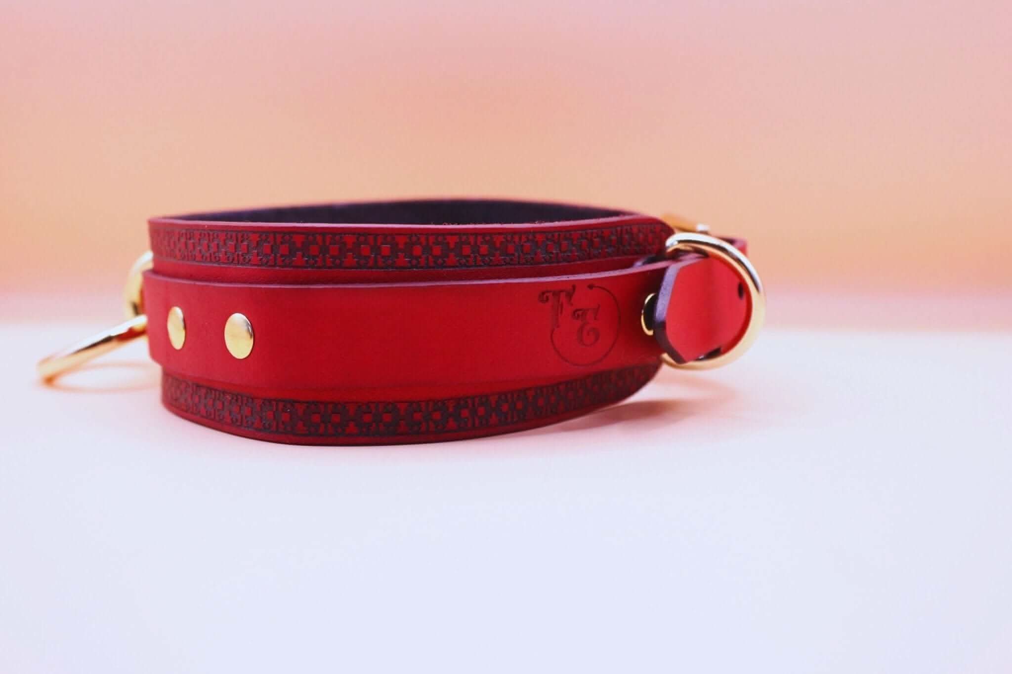 Red BDSM posture collar with golden ring, perfect for submissive jewelry and bondage gear.