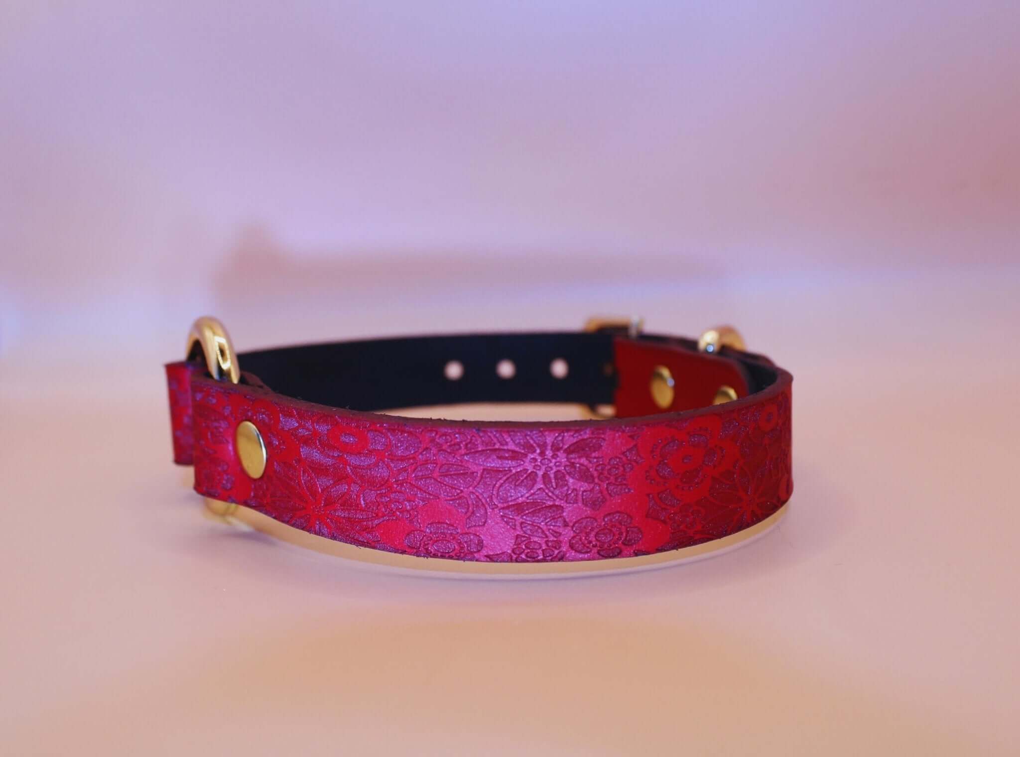 Red floral leather submissive collar with gold O-ring, perfect for BDSM and discreet day wear.
