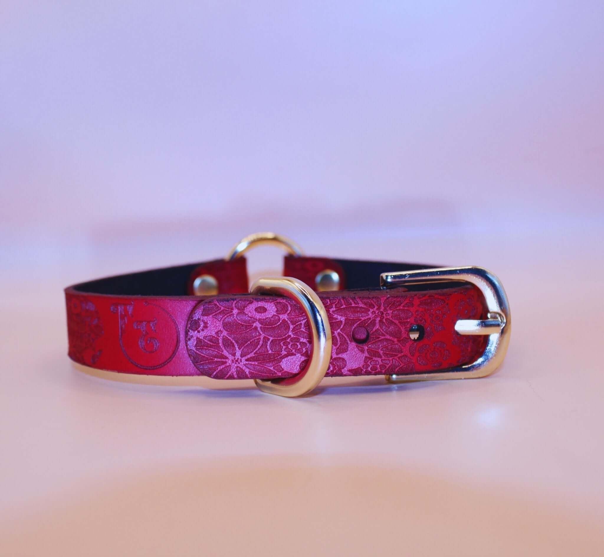Red floral leather submissive collar with gold O-ring, perfect for bondage gear and BDSM jewelry.