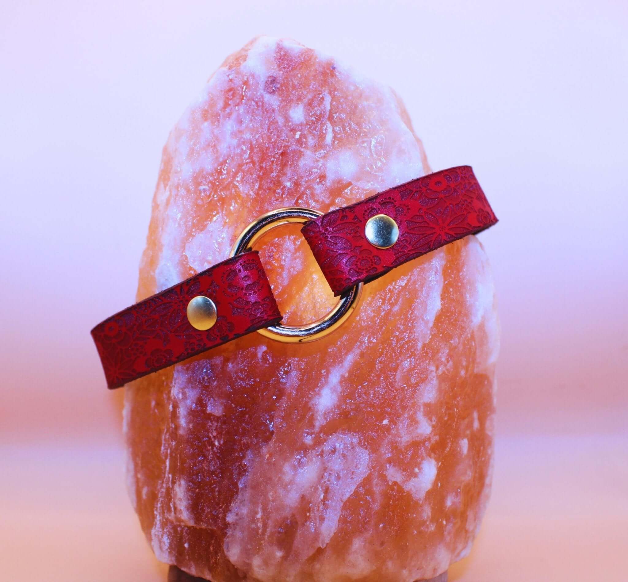 Elegant red floral submissive collar with a gold O-ring, perfect for BDSM day collar or sub collar discreet wear.