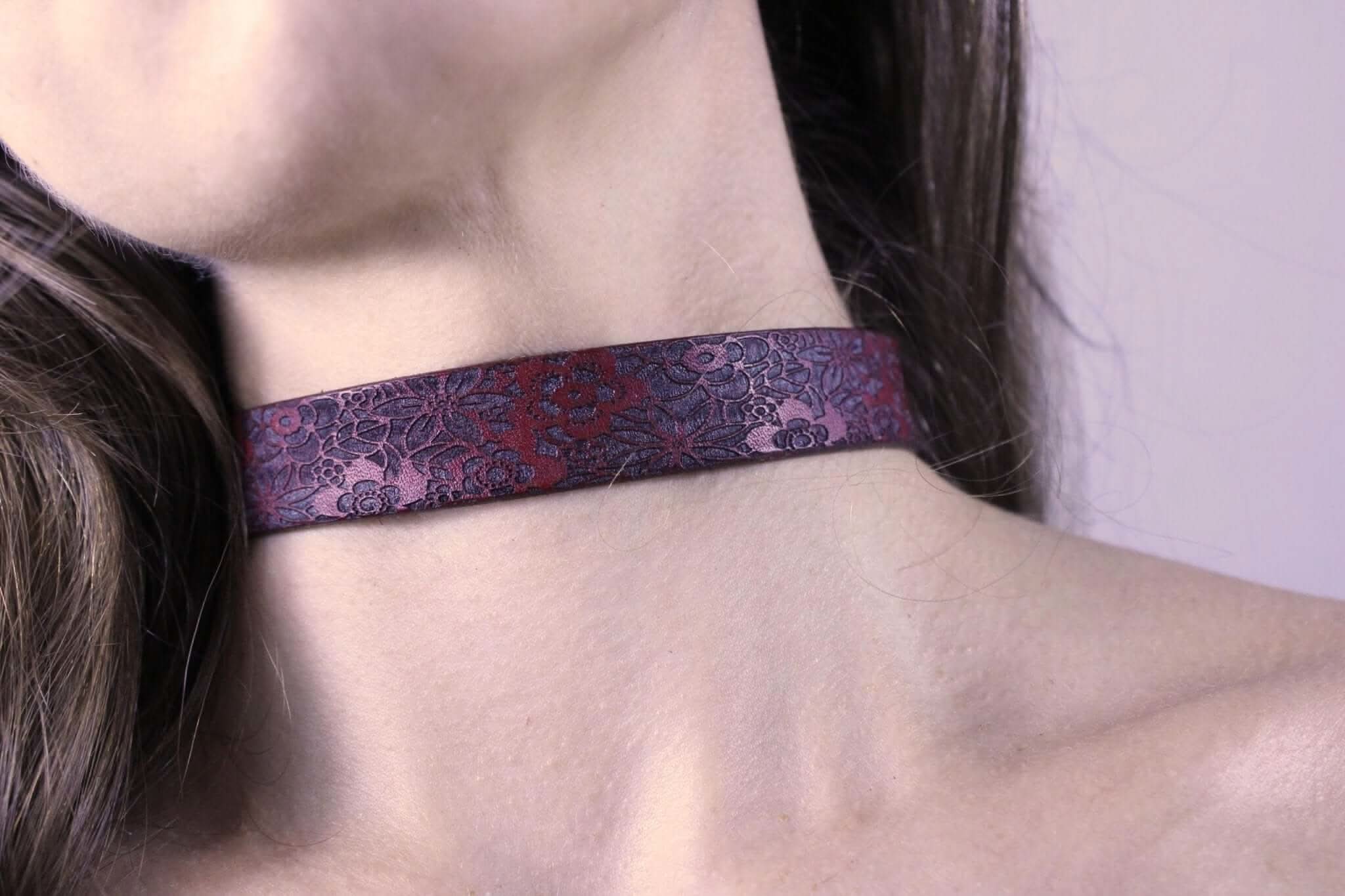 Handcrafted dark red floral sub collar, perfect for BDSM jewelry and submissive fashion.