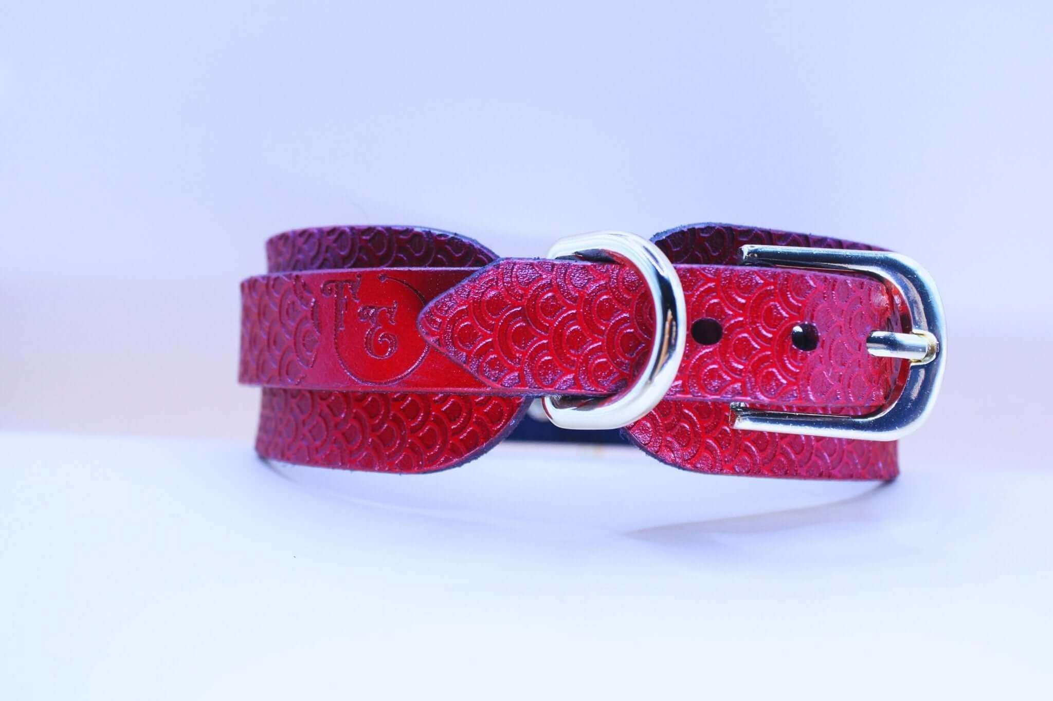 Red embossed leather submissive collar with silver O-ring, perfect for BDSM or as a discreet day collar.
