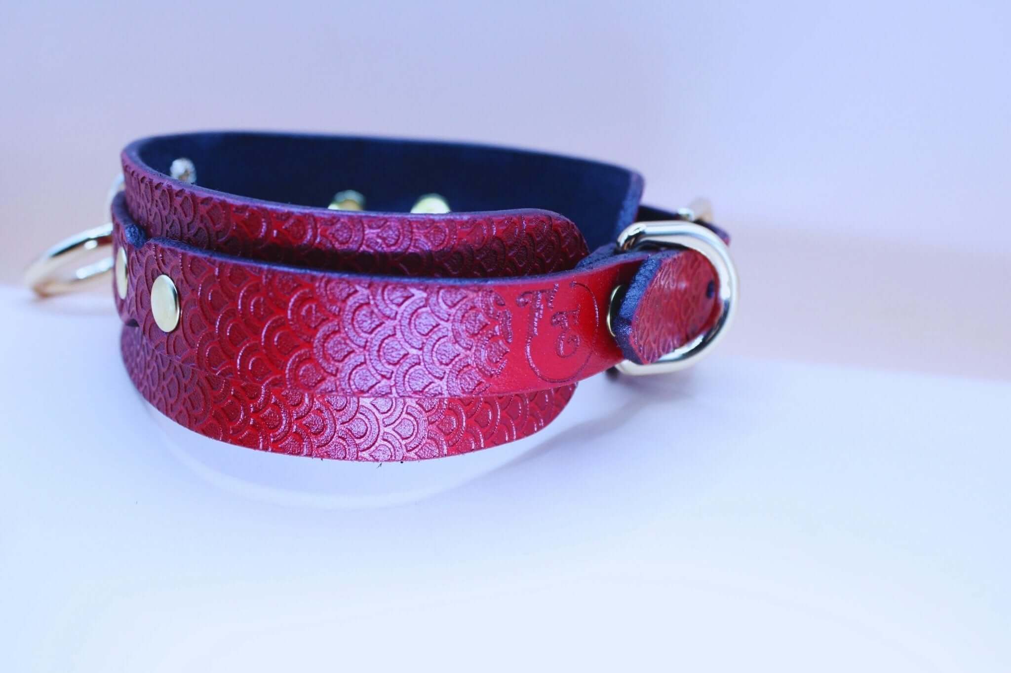 Red leather submissive collar with embossed pattern and silver O-ring, perfect for bondage and BDSM style.
