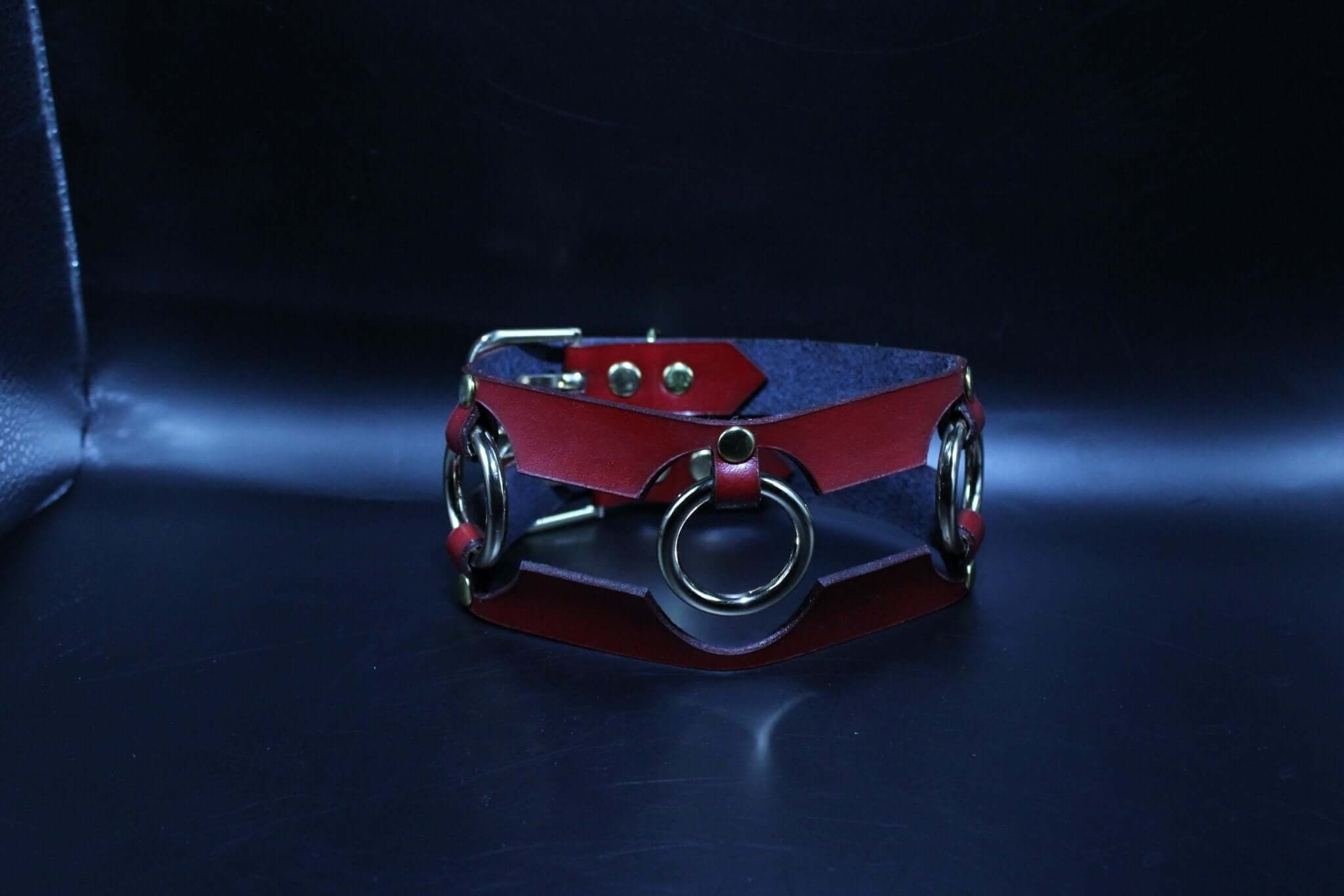 Red leather BDSM posture collar with metal rings, perfect for submissive jewelry and bondage gear.