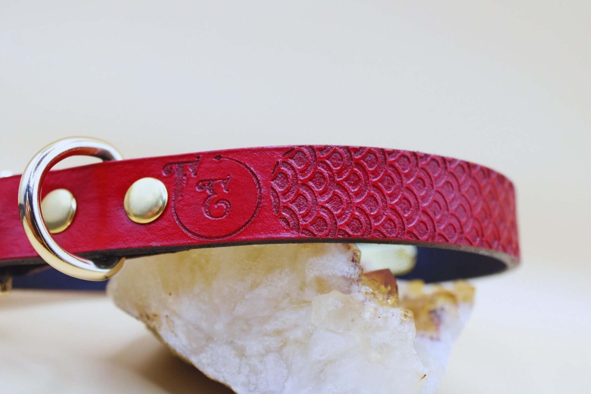 Elegant red leather BDSM collar with embossed detail, ideal for submissive jewelry and discreet day collar use.