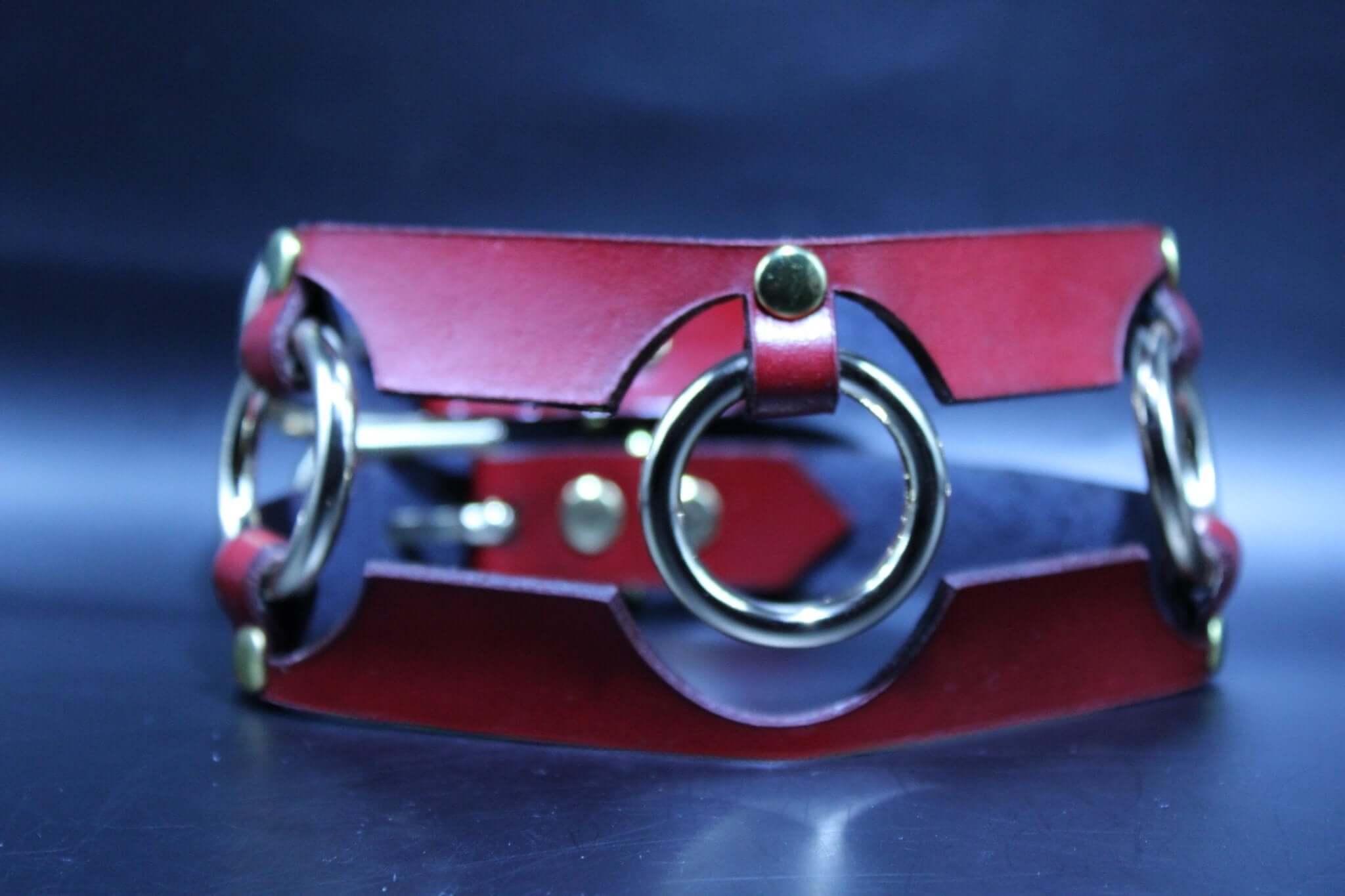 Stunning red leather BDSM collar with metal rings, perfect for submissive jewelry and bondage aesthetics.