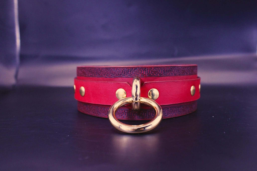 Handmade red leather choker collar with gold ring, perfect for discreet day collar or BDSM jewelry.
