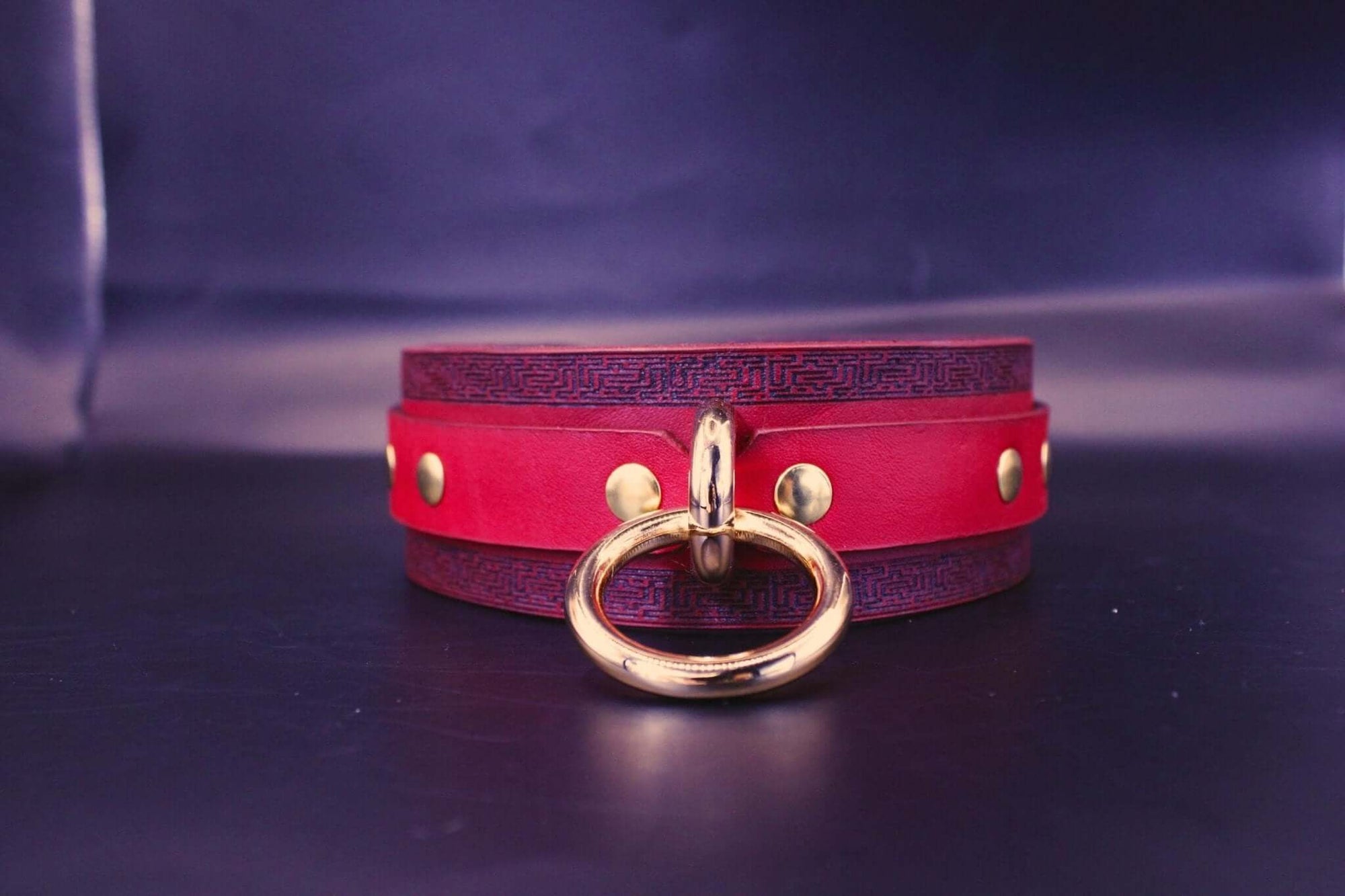 Handmade red leather choker collar with gold ring, perfect for discreet day collar or BDSM jewelry.
