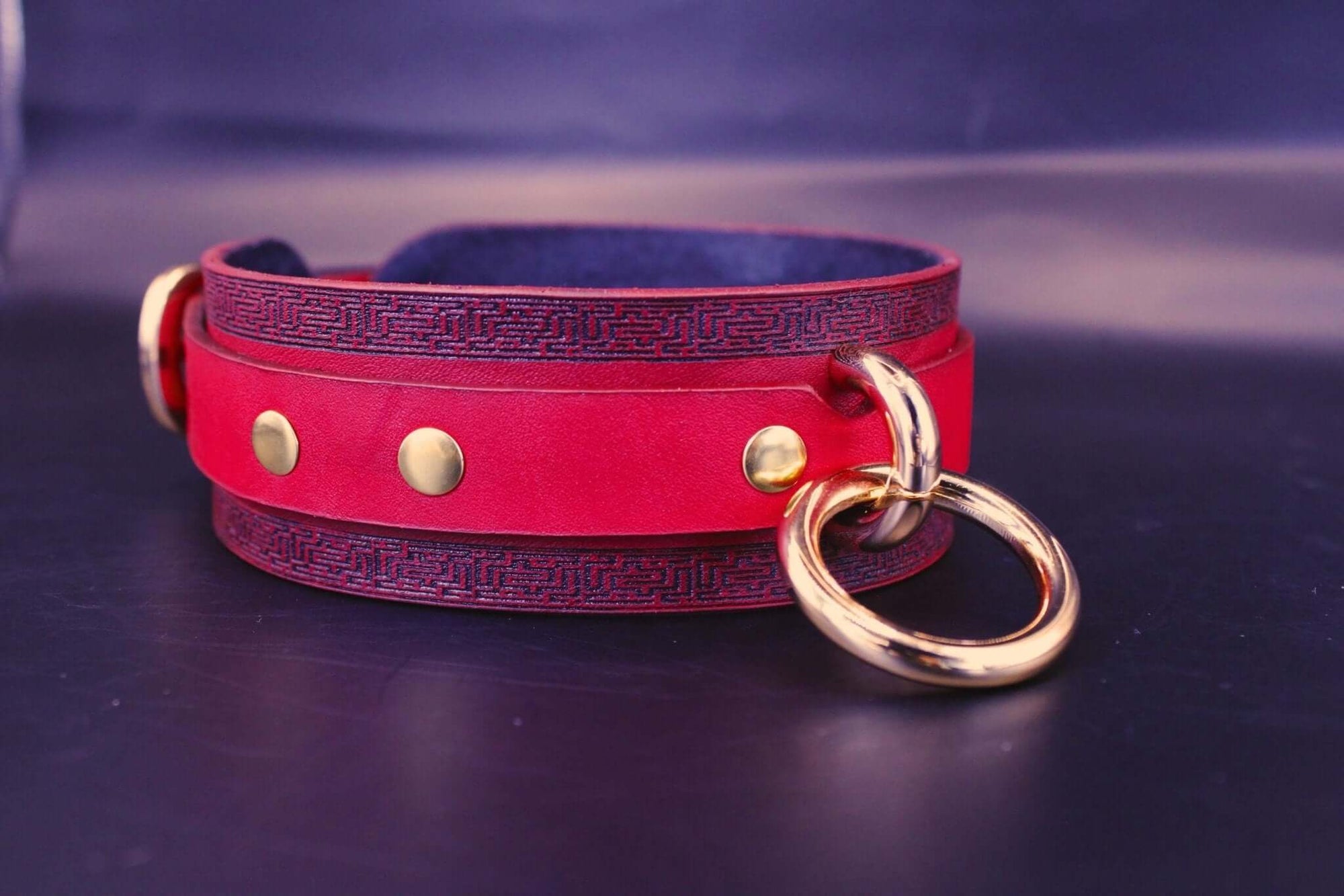 Handmade red leather choker collar with gold accents, perfect for BDSM or discreet day wear. Ideal submissive collar and bondage accessory.