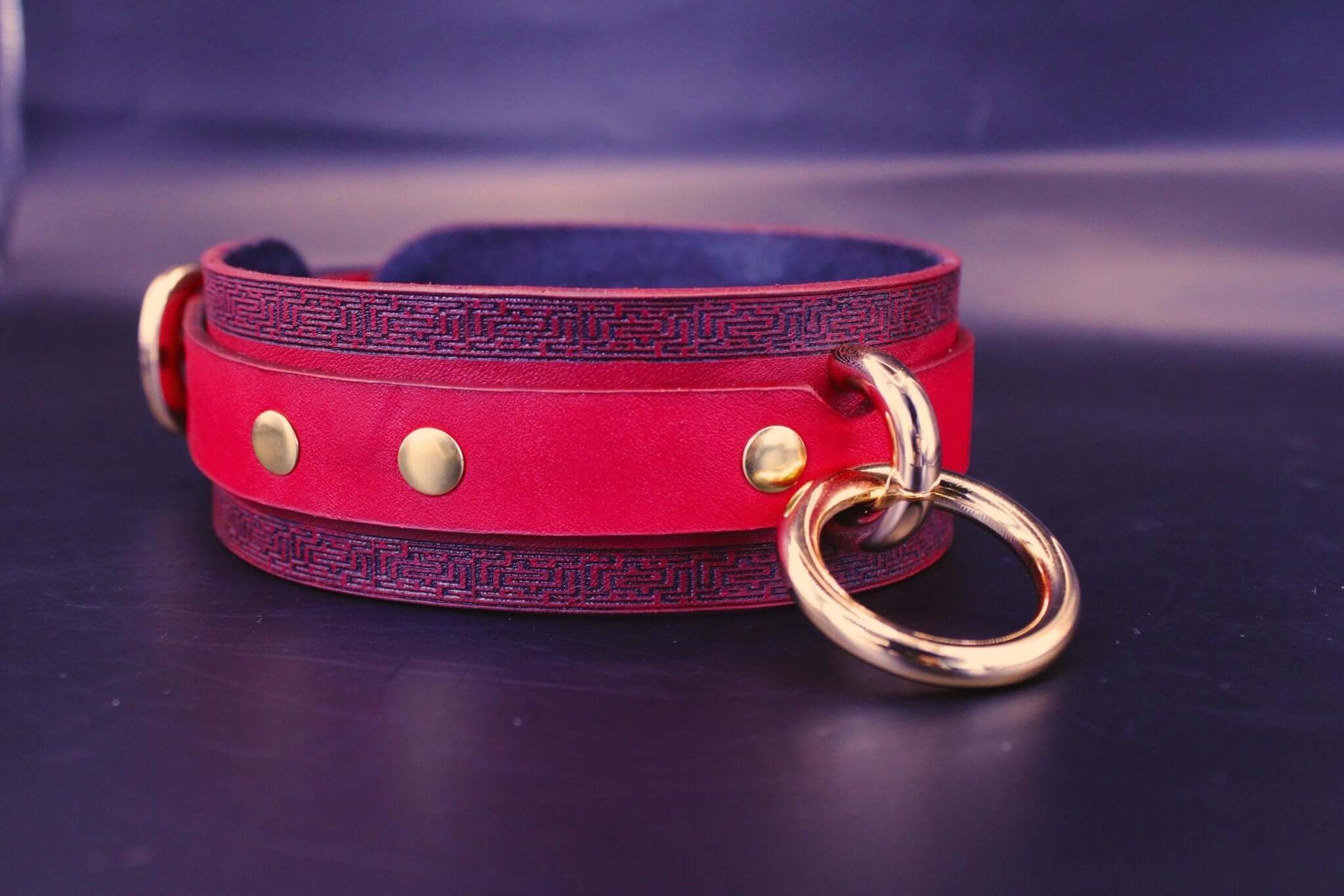 Handmade red leather choker collar with gold accents, perfect for BDSM or discreet day wear. Ideal submissive collar and bondage accessory.