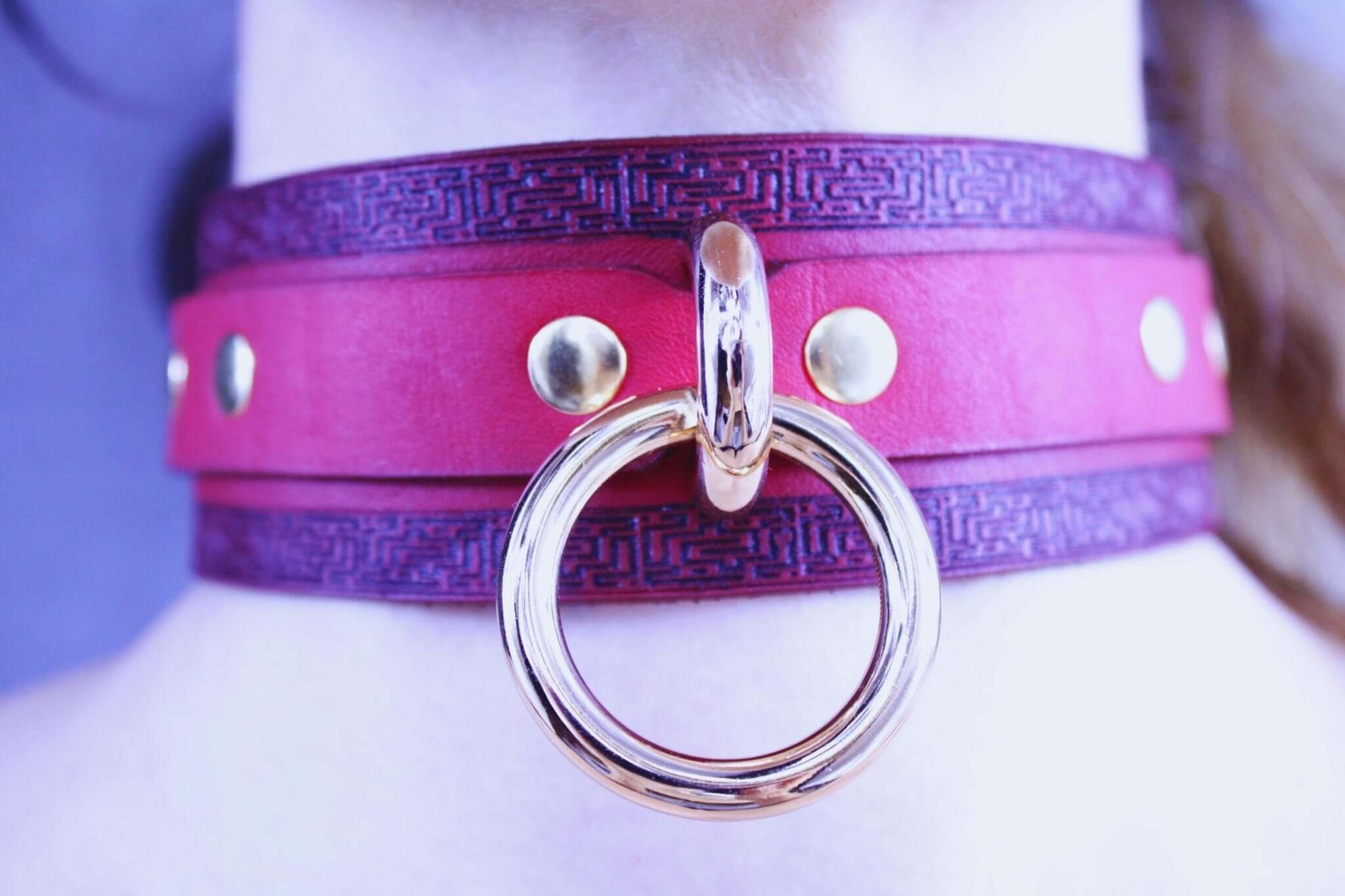 Handmade red leather choker collar with gold ring detail, perfect for bdsm, discreet day collar, and submissive jewelry.