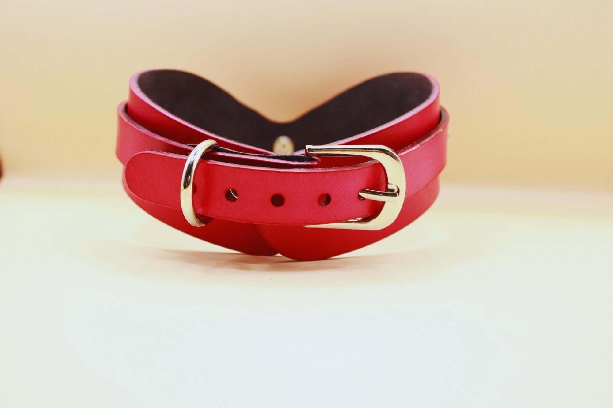 Discreet red leather submissive day collar with adjustable buckle, perfect for BDSM and stylish everyday wear.