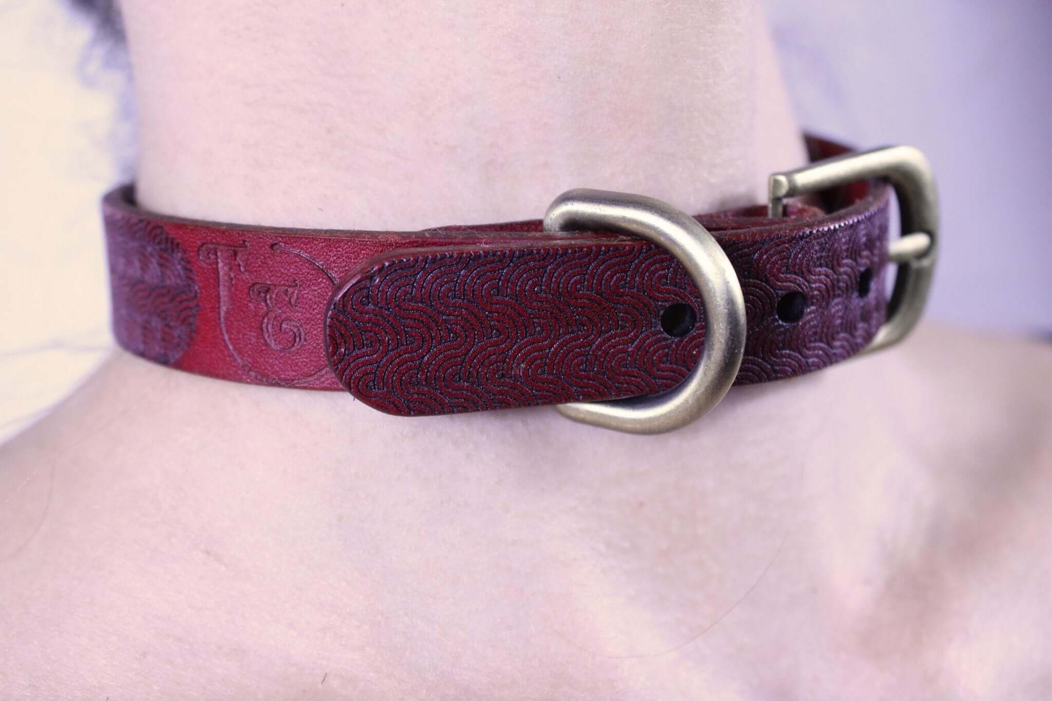 Red patterned leather submissive collar with metal buckle, perfect discreet day collar for BDSM and D/s dynamics.