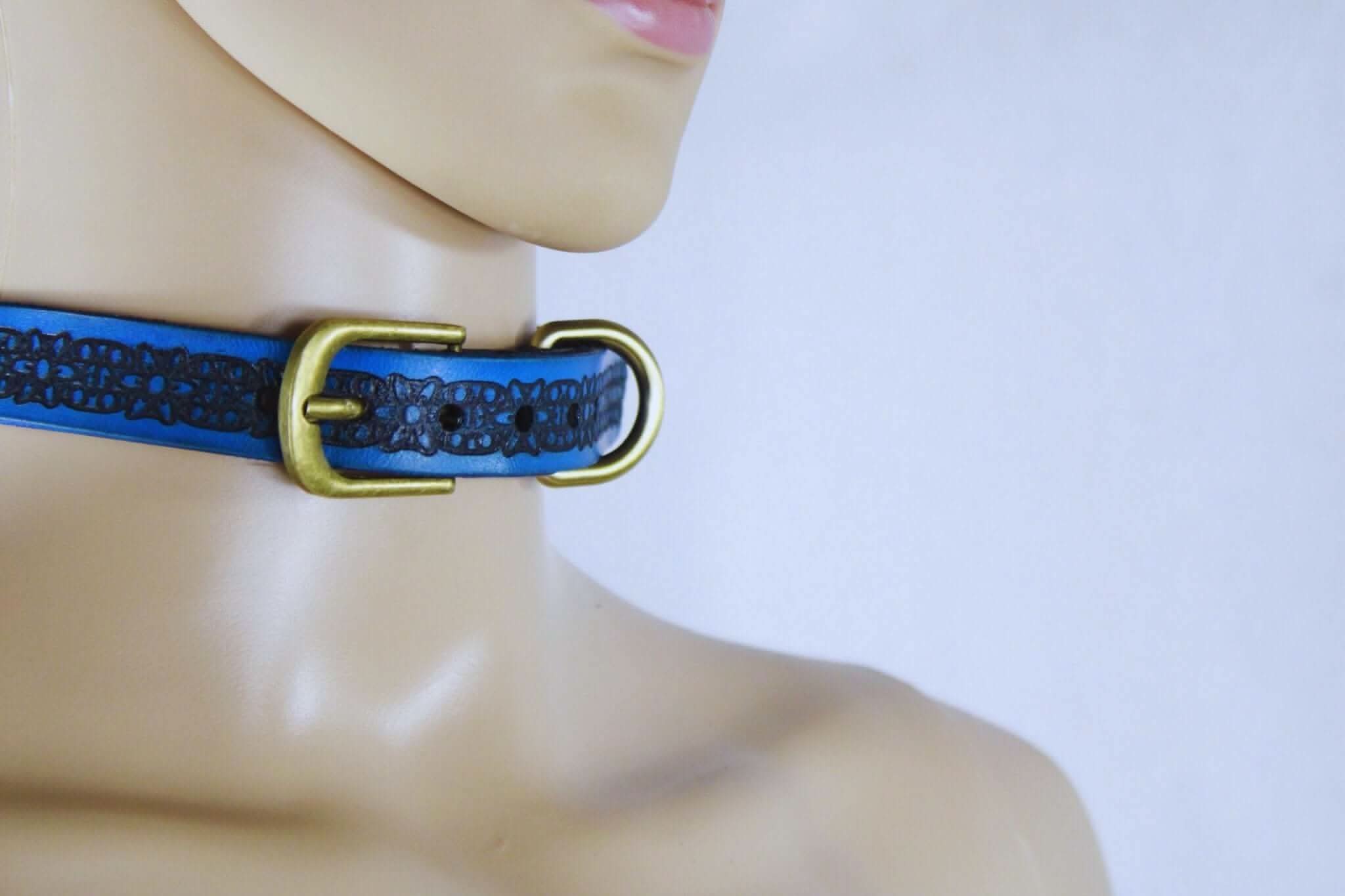 Royal blue submissive collar with floral pattern, elegant BDSM collar perfect for discreet daywear and bondage gear.