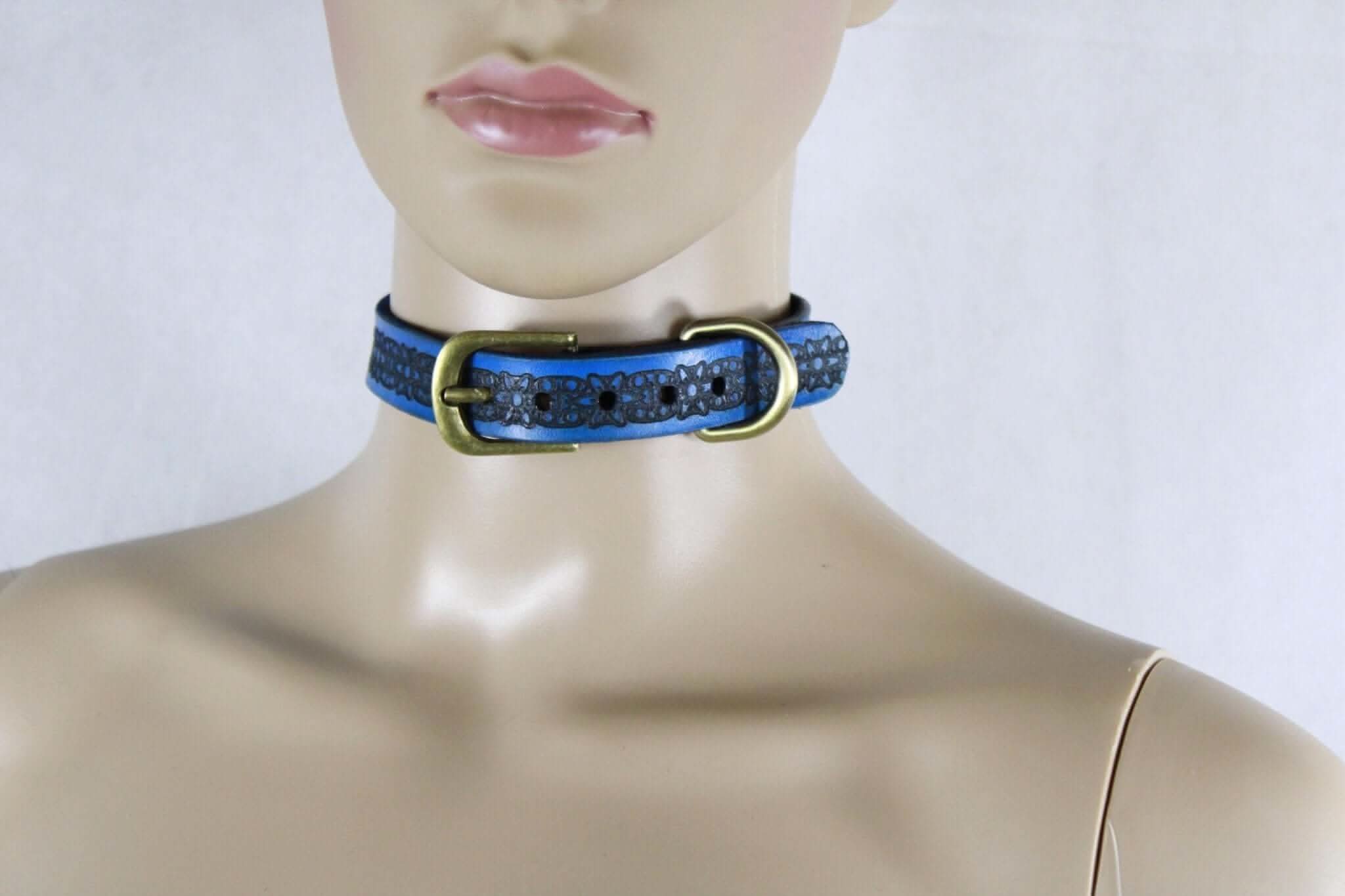 Royal blue submissive collar with floral pattern, perfect for BDSM day wear and discreet elegance.
