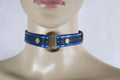 Royal blue submissive collar with floral pattern, perfect for daywear and BDSM jewelry.