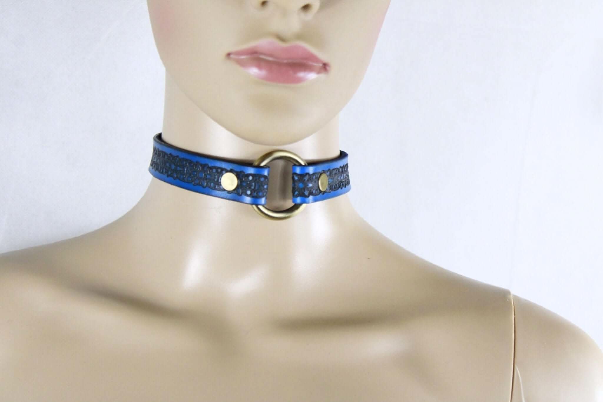 Royal blue floral patterned submissive collar, perfect for daywear and BDSM styles, blending elegance with boldness.