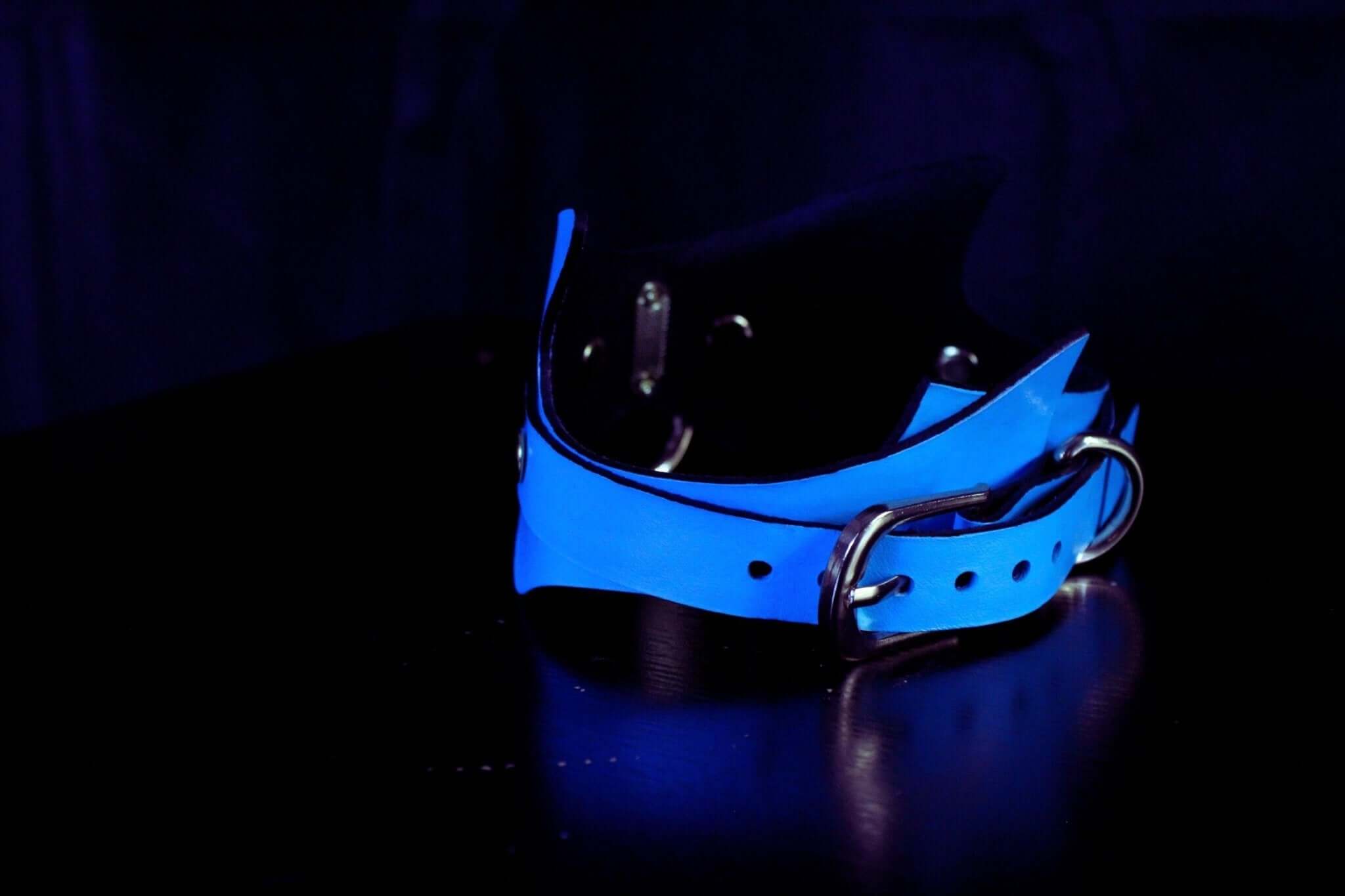 Sky blue submissive collar with batwing cut, perfect for petplay and BDSM dynamics, blending elegance and strength.