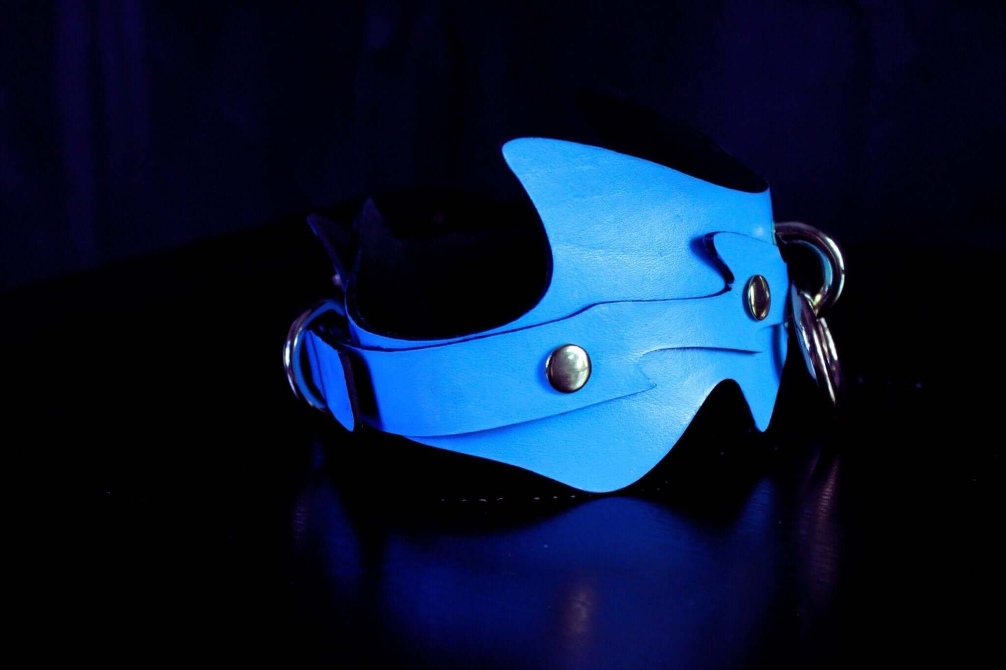 Sky blue spiked leather submissive collar, perfect for bondage play and BDSM dynamics.