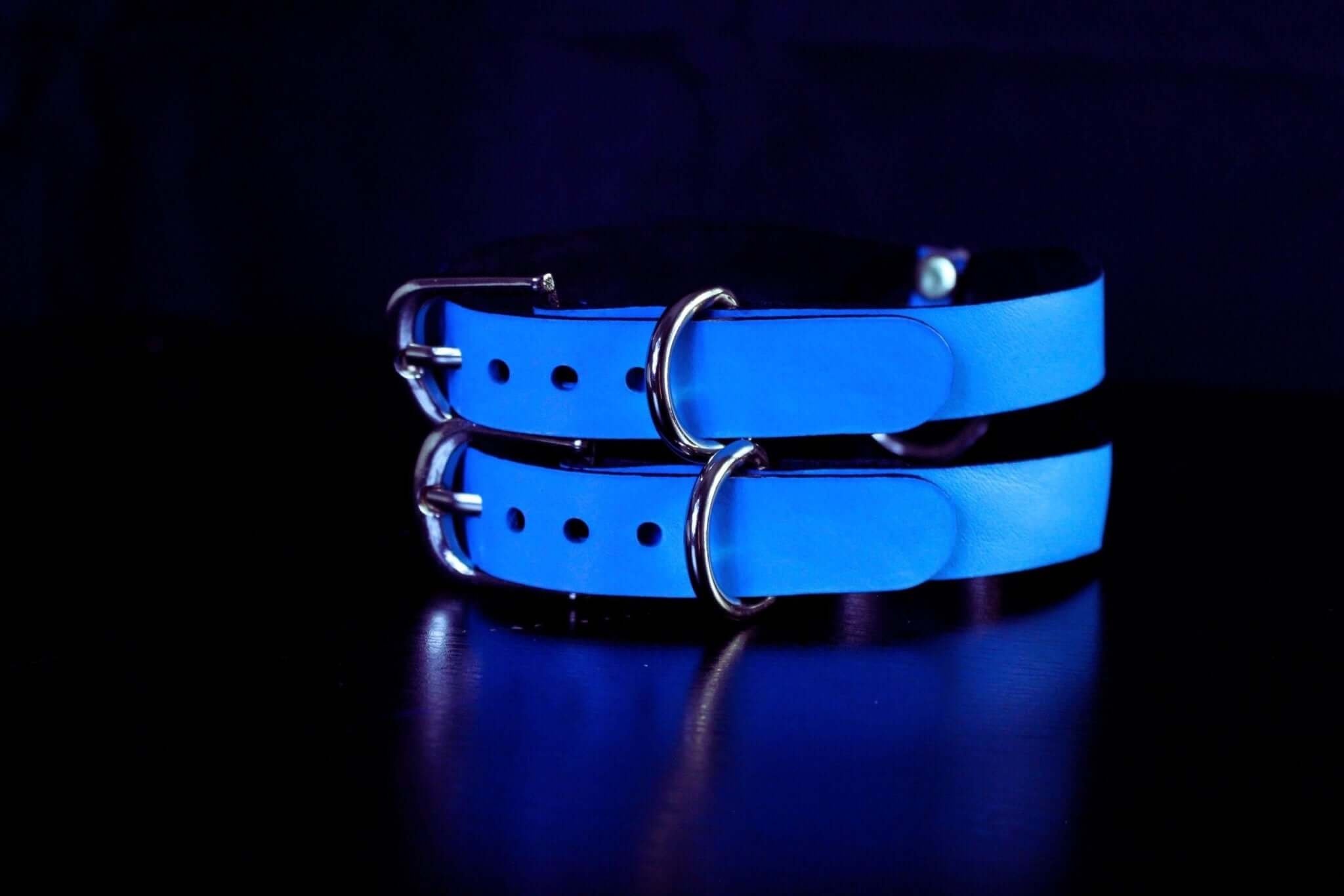 Sky blue leather submissive collar, perfect for BDSM and petplay, featuring regulation holes and metal hardware.