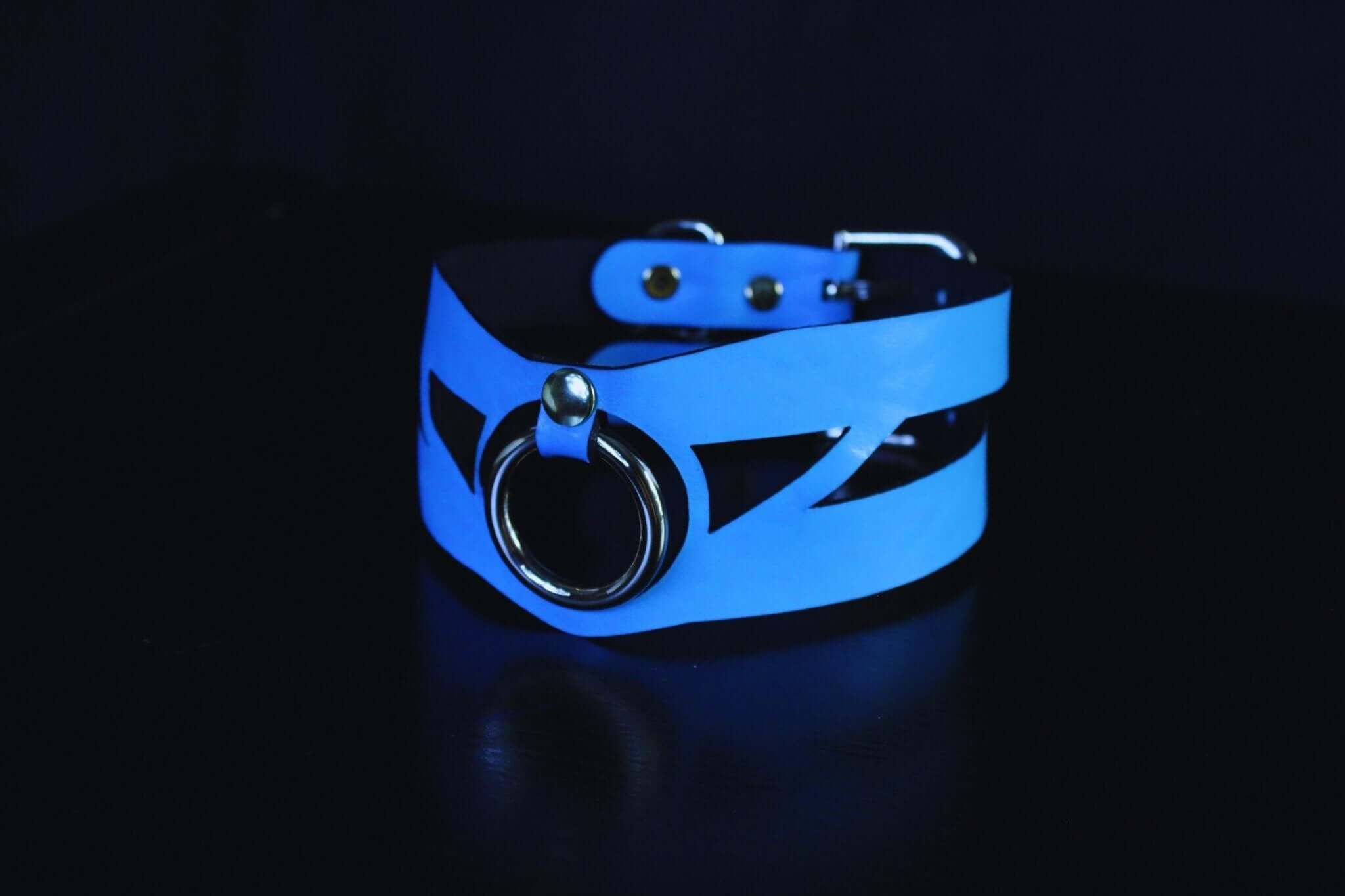 Sky blue leather submissive collar with ring, ideal for BDSM, bondage, and discreet day wear.