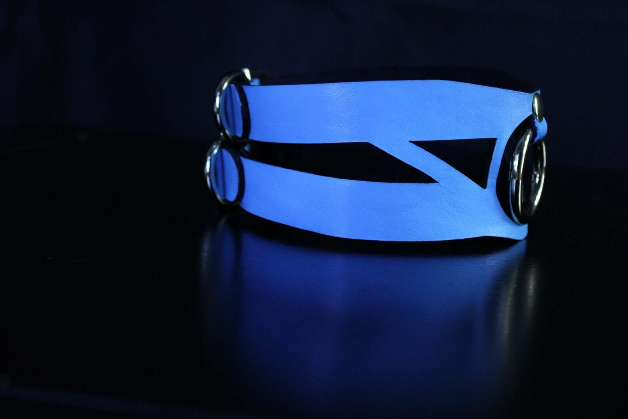 Sky blue submissive collar with cutout design and metallic accents, perfect for BDSM and bondage play.
