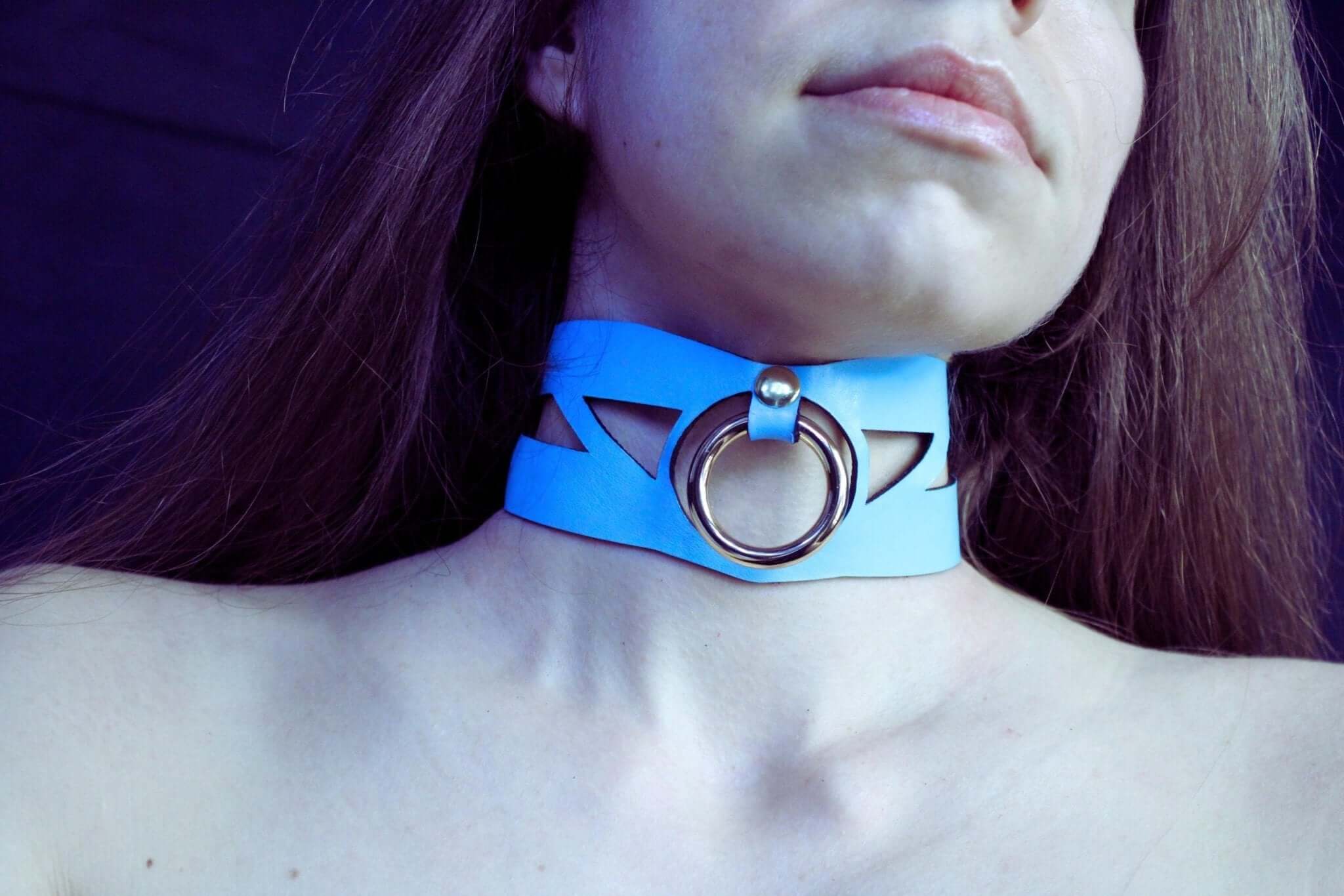 Sky blue submissive collar with cutout design and metal ring, perfect for bondage and BDSM enthusiasts.