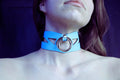 Sky blue submissive collar with cutout leather design and metal ring, perfect for BDSM and day wear.