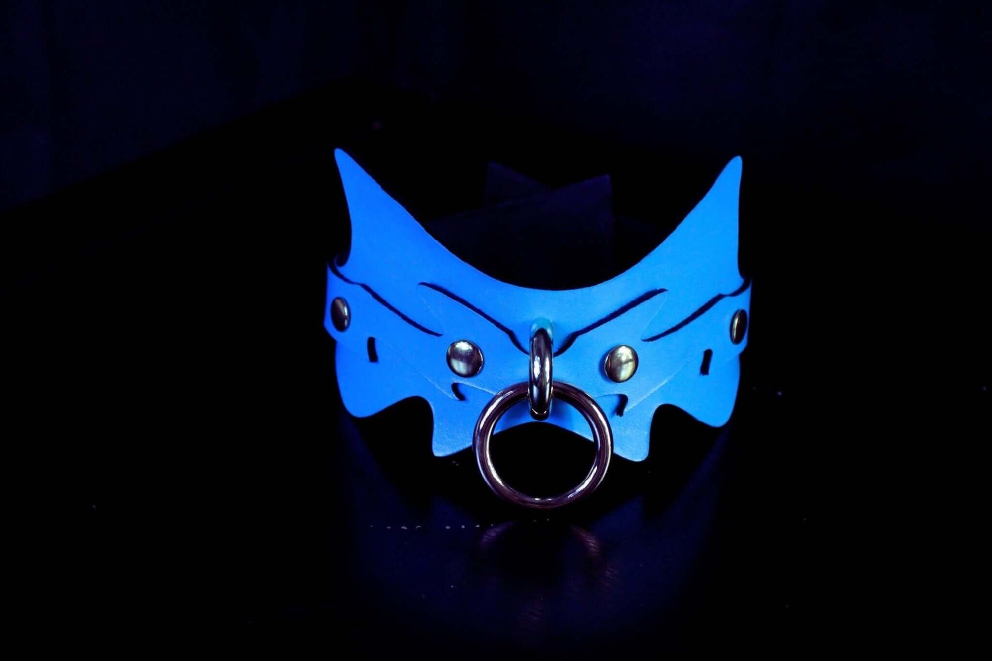 Sky blue spiked leather BDSM collar with O-ring, perfect for submissive jewelry and petplay dynamics.