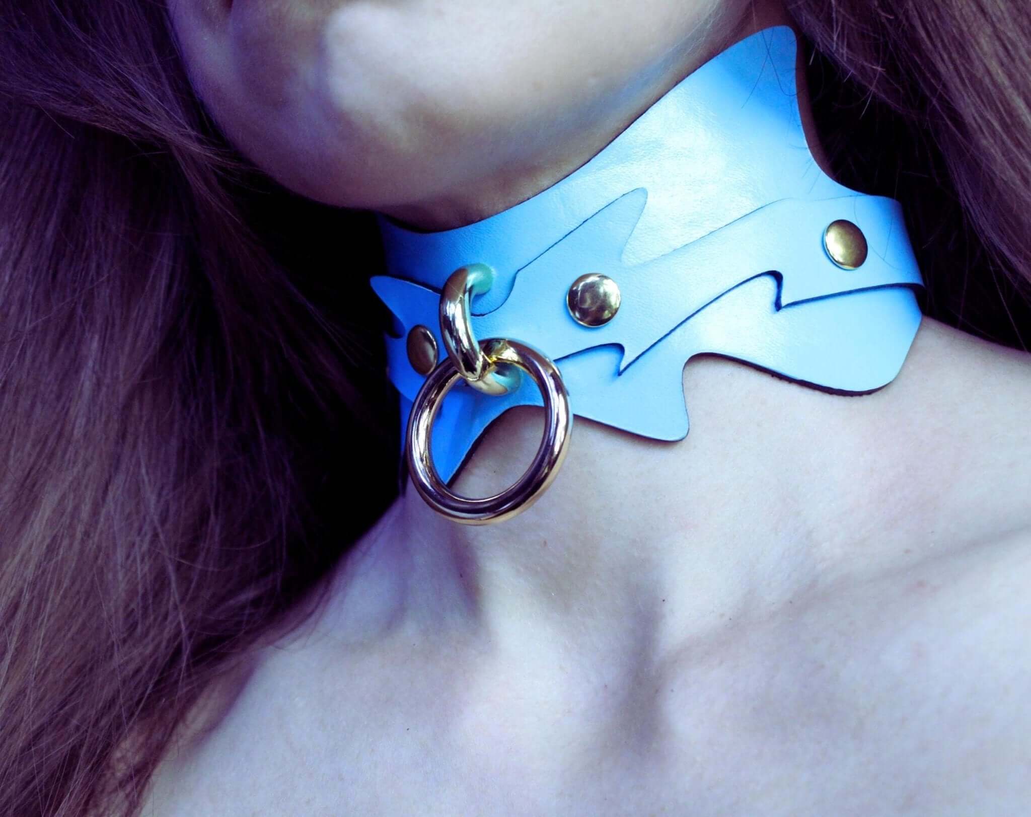 Sky blue submissive collar with O-ring centerpiece, perfect for BDSM, petplay, and as a discreet day collar.