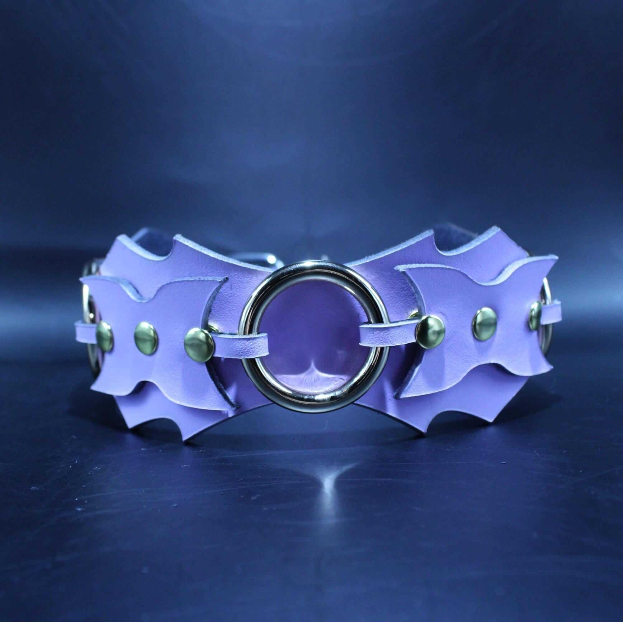 Unique batwing design leather BDSM collar with central O-ring, perfect for submissive jewelry and bondage gear.