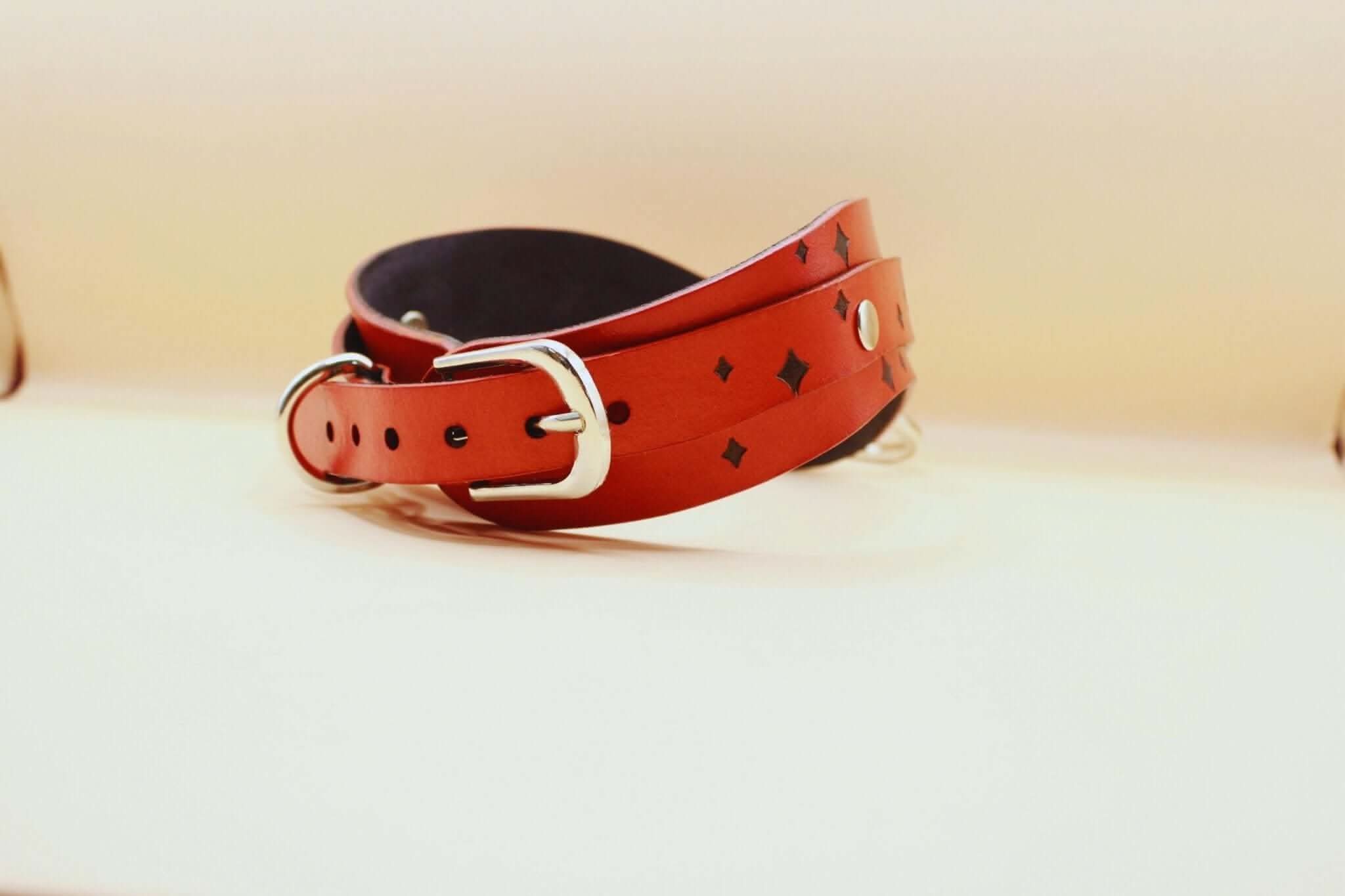 Stylish red leather submissive collar with silver buckle, perfect for discreet BDSM jewelry and day wear.