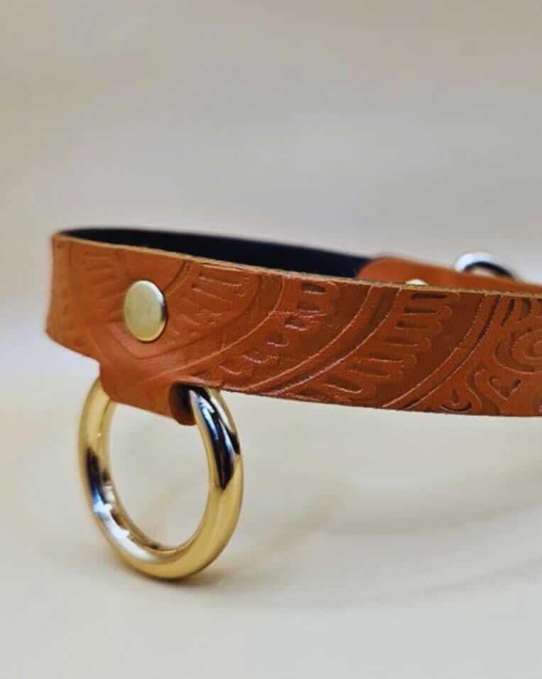 Tan leather BDSM collar with embossed patterns and metal ring, perfect for submissive jewelry and bondage gear.