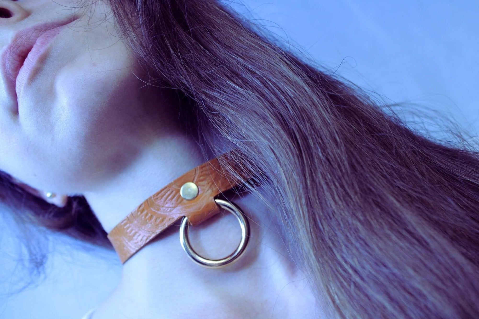Tan leather BDSM collar with gold ring, perfect for submissive jewelry and discreet day collar wear.