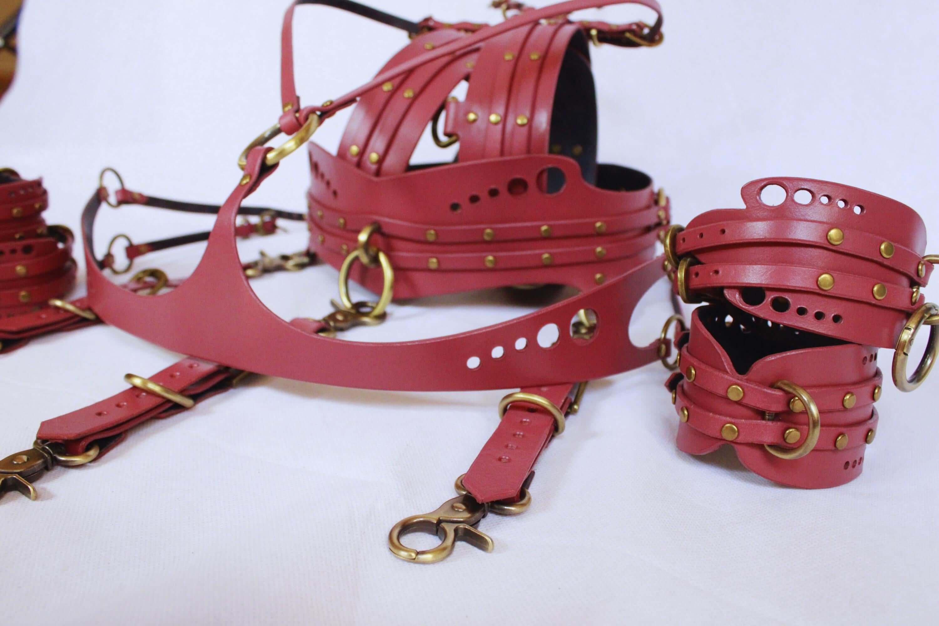 Leather bondage harness set with cuffs and connectors in mauve color for BDSM play and submissive accessories.