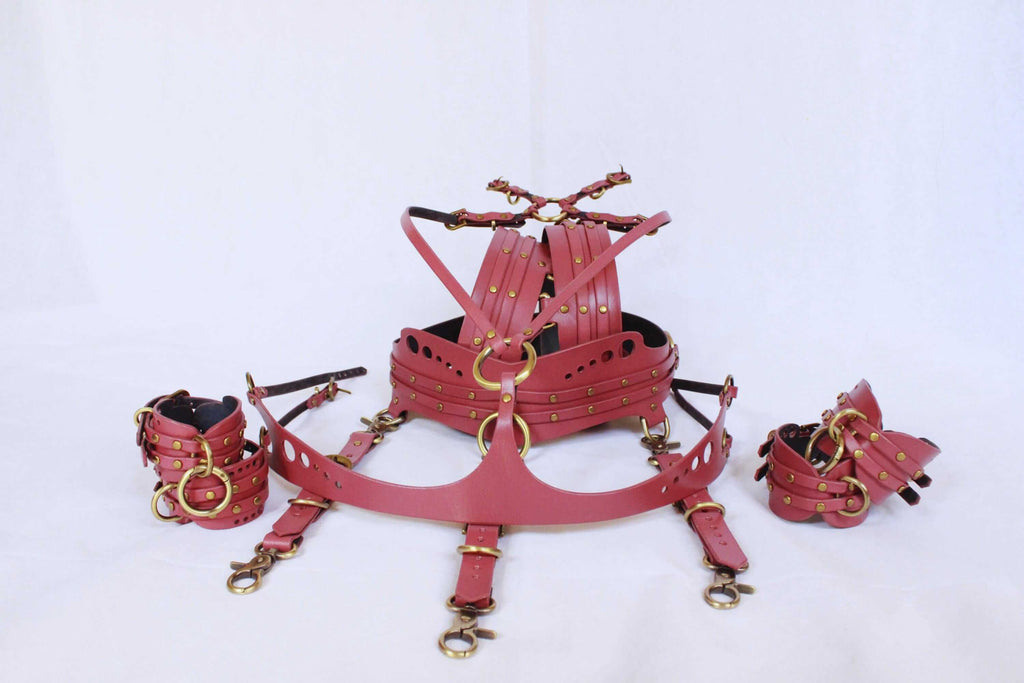 Bondage harness gear set with leather body harness, thigh cuffs, and sub collar in mauve with golden hardware.