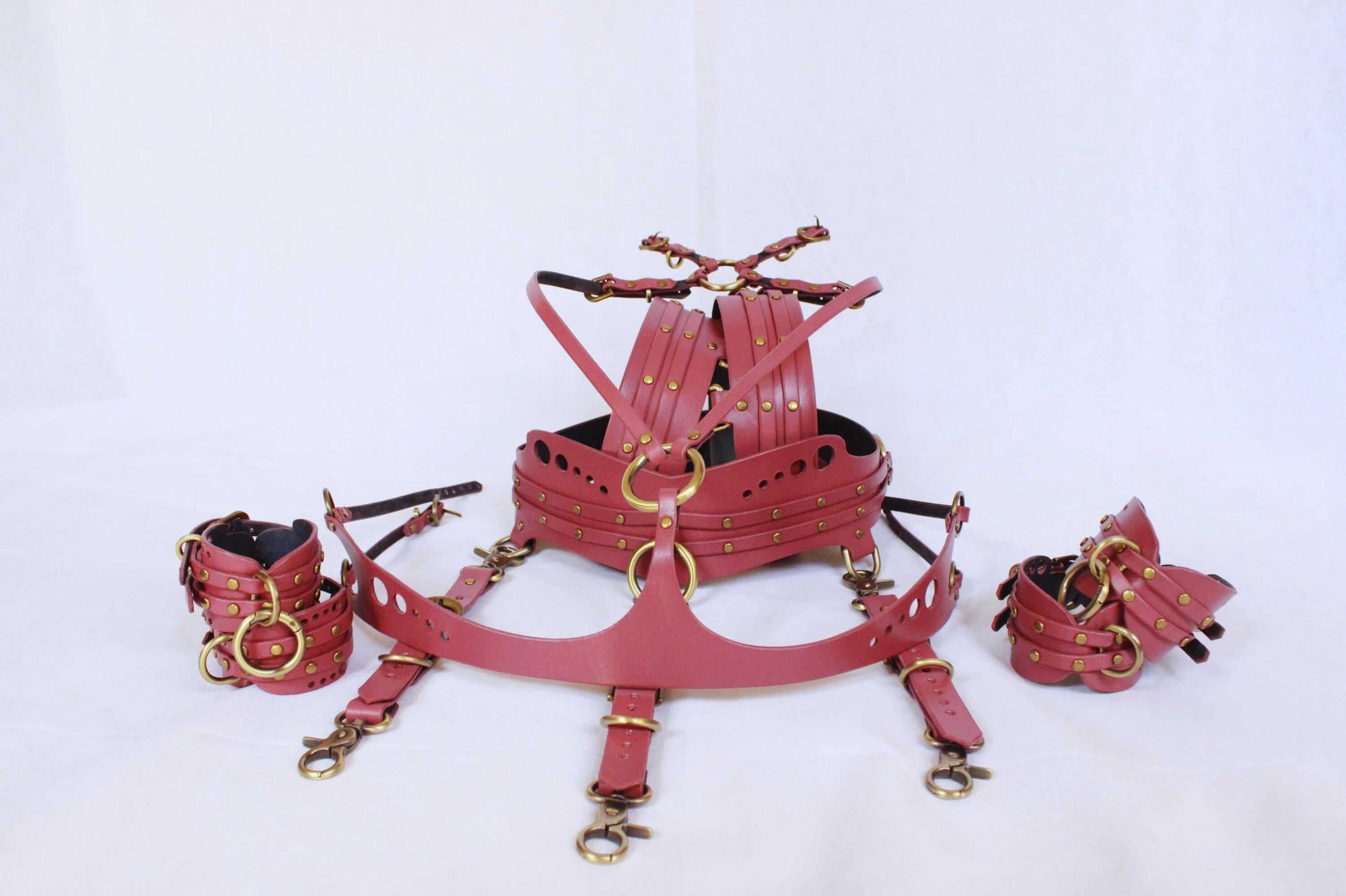 Bondage harness gear set with leather body harness, thigh cuffs, and sub collar in mauve with golden hardware.