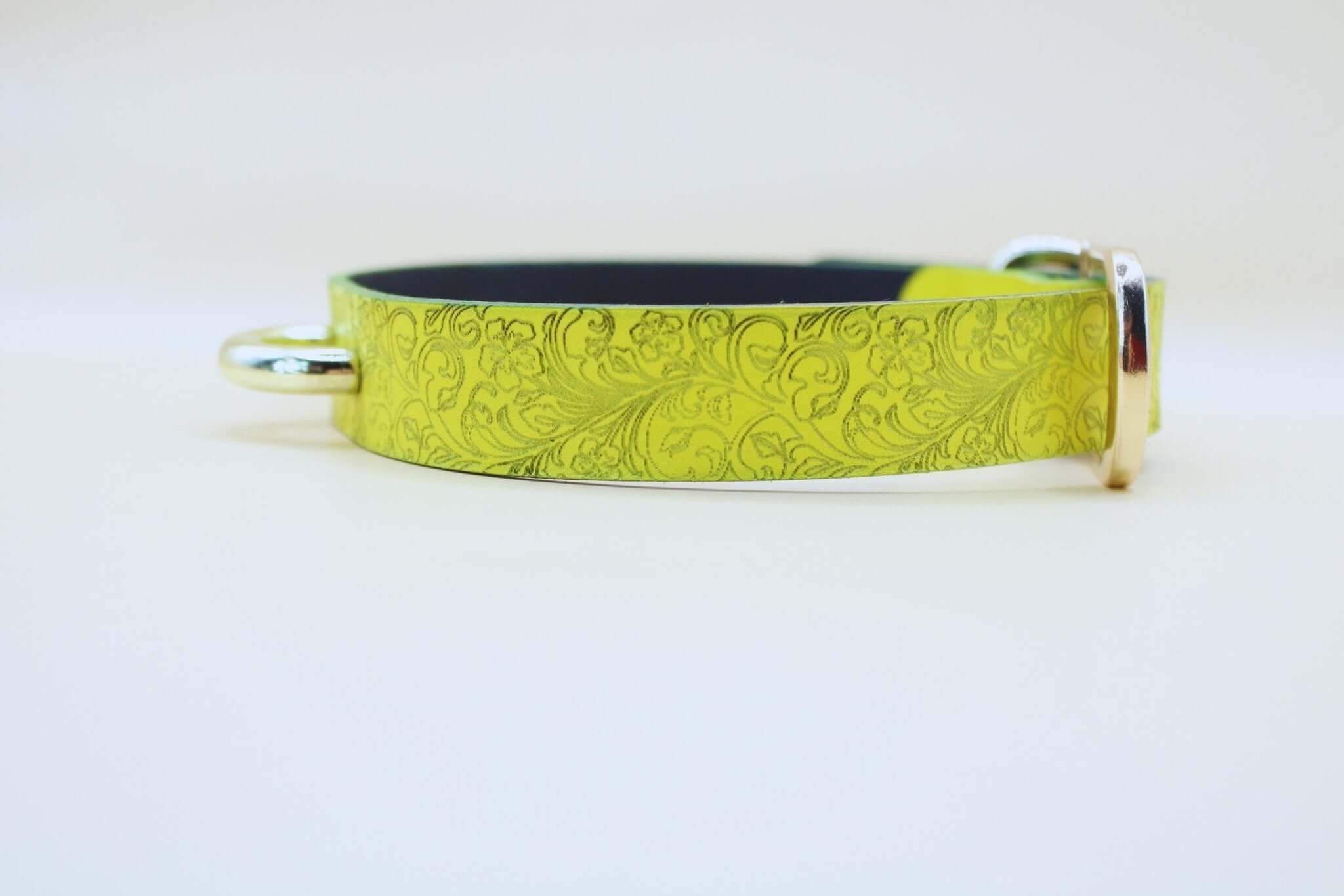 Yellow floral leather BDSM collar, perfect for submissive jewelry and daily wear as a discreet day collar.