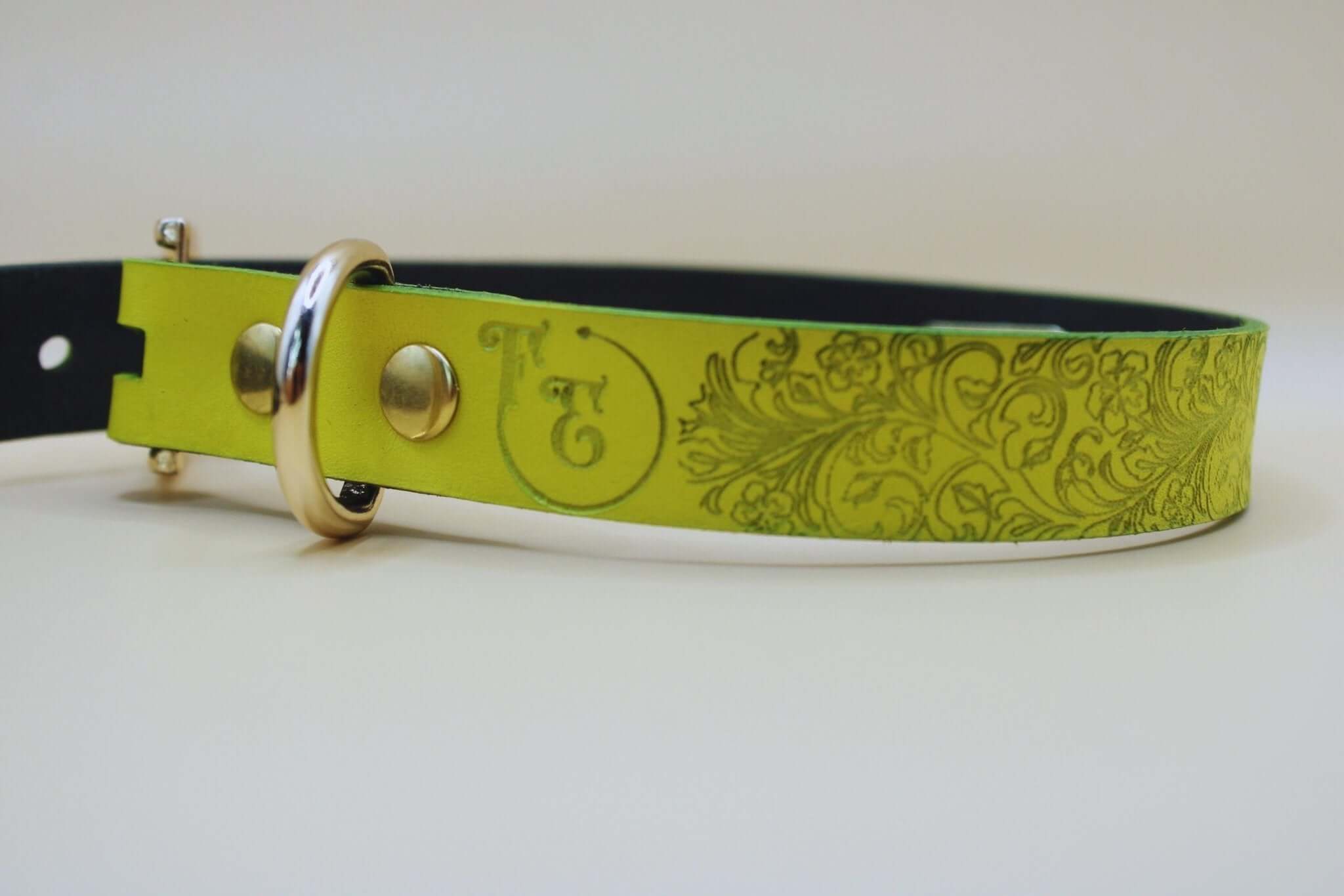 Yellow floral leather BDSM collar with embossed design for submissive jewelry and bondage. Perfect discreet day collar.